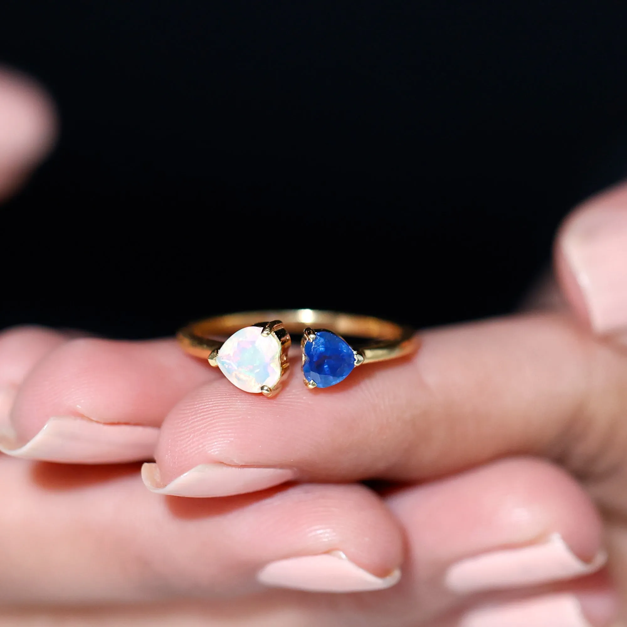 1 CT Blue Sapphire and Ethiopian Opal Toi Et Moi Heart Ring