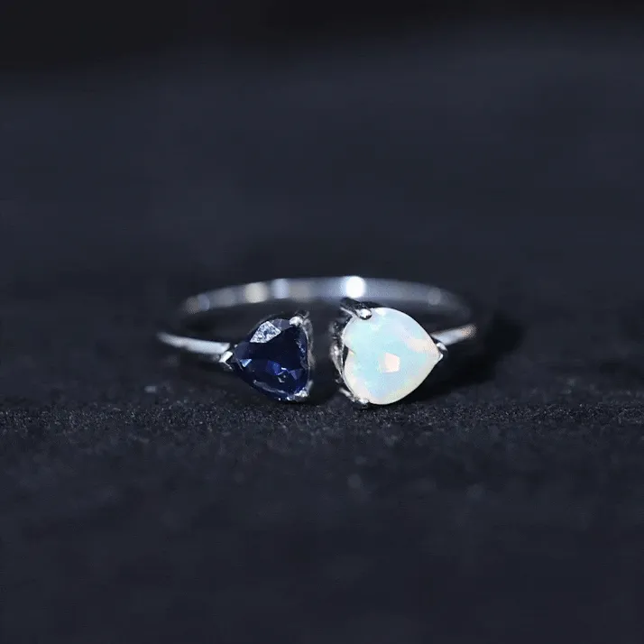 1 CT Blue Sapphire and Ethiopian Opal Toi Et Moi Heart Ring