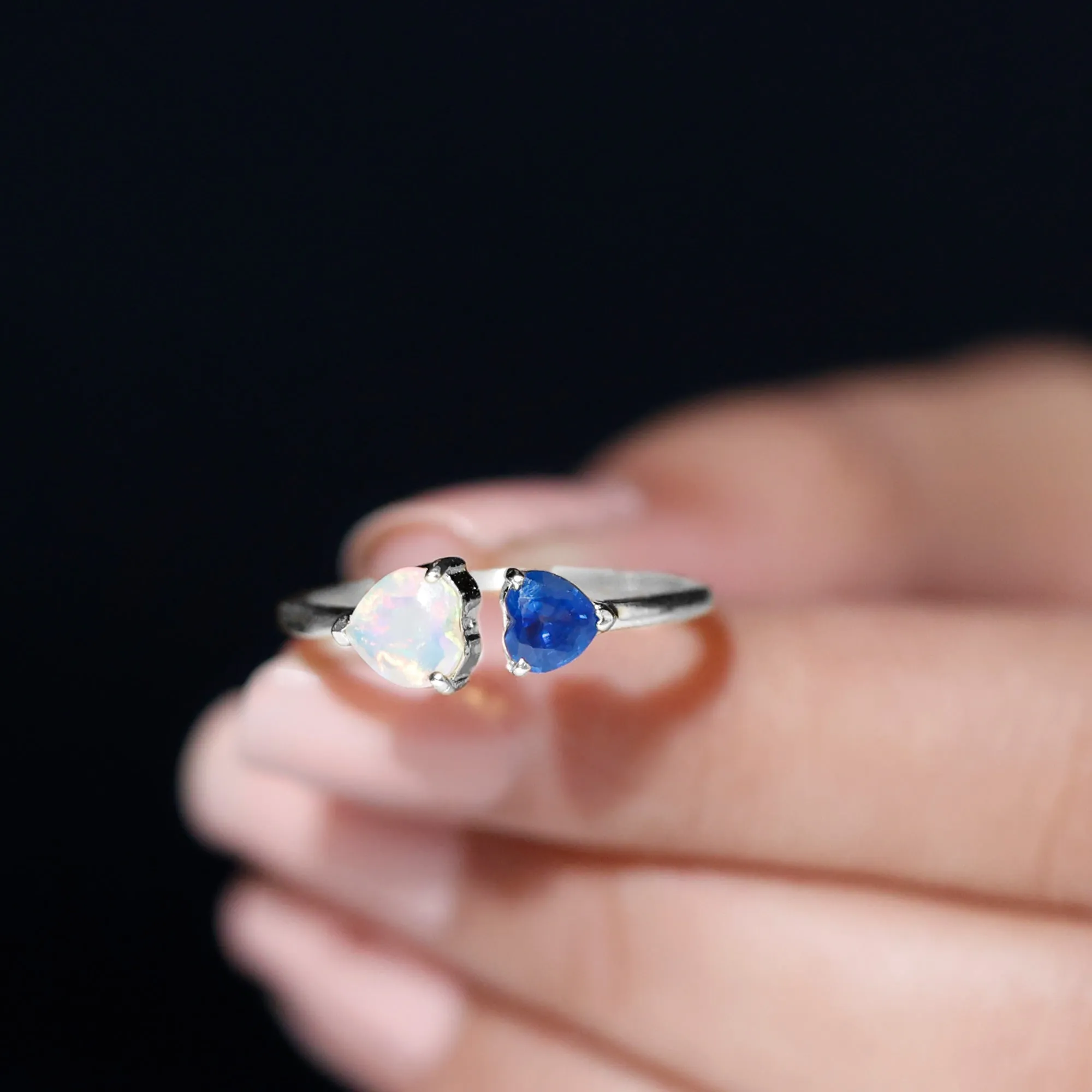 1 CT Blue Sapphire and Ethiopian Opal Toi Et Moi Heart Ring