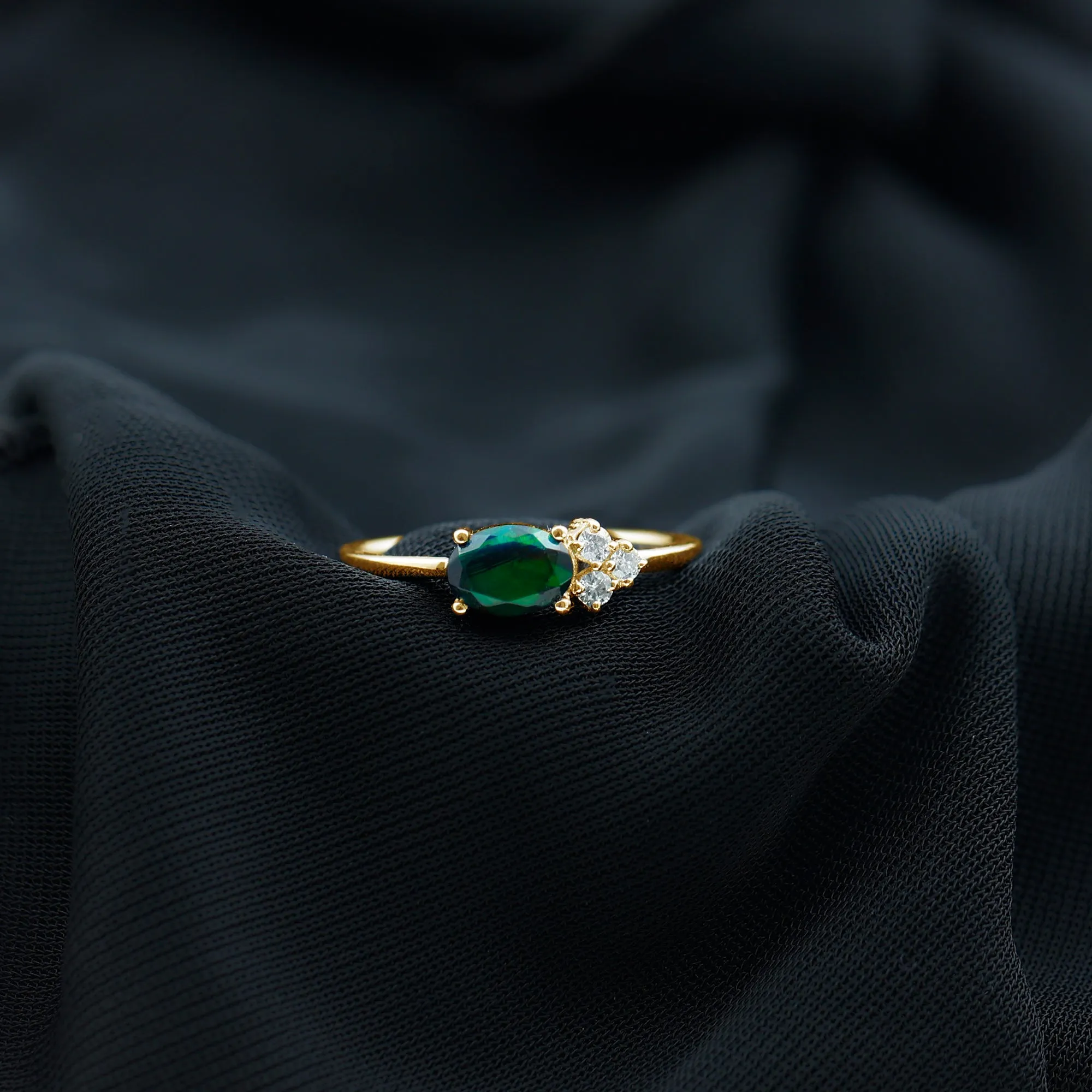 1 CT Oval Black Opal Minimal East West Ring with Diamond Trio