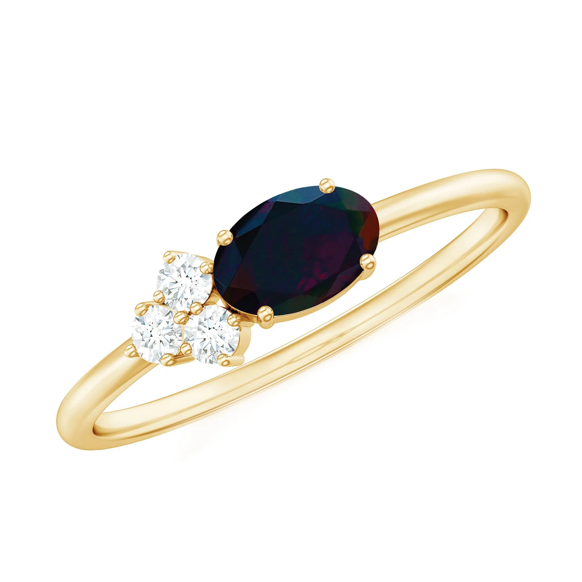 1 CT Oval Black Opal Minimal East West Ring with Diamond Trio