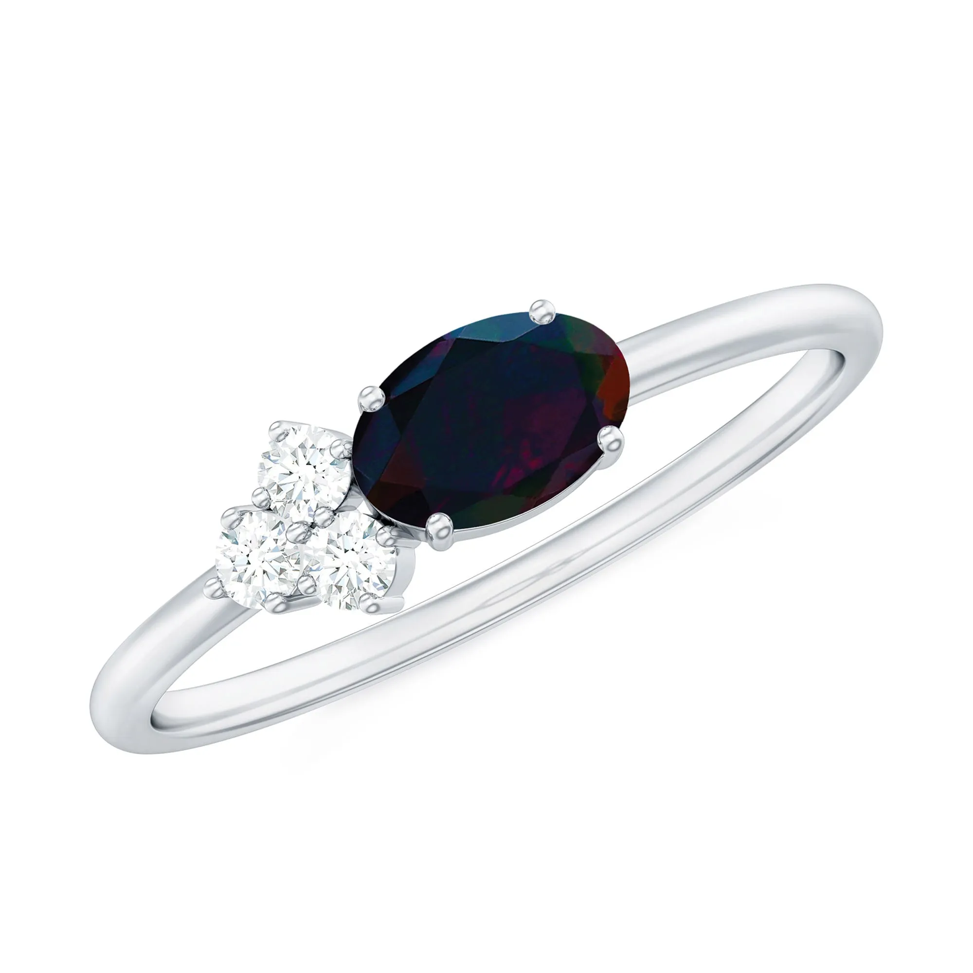 1 CT Oval Black Opal Minimal East West Ring with Diamond Trio