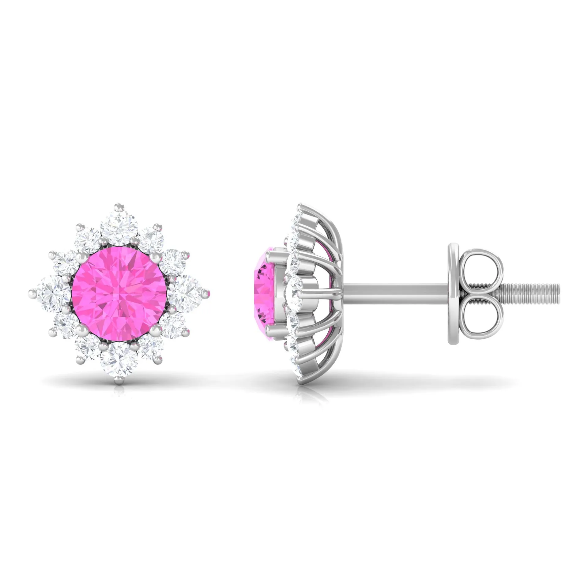 1 CT Pink Sapphire Classic Stud Earrings with Diamond Halo