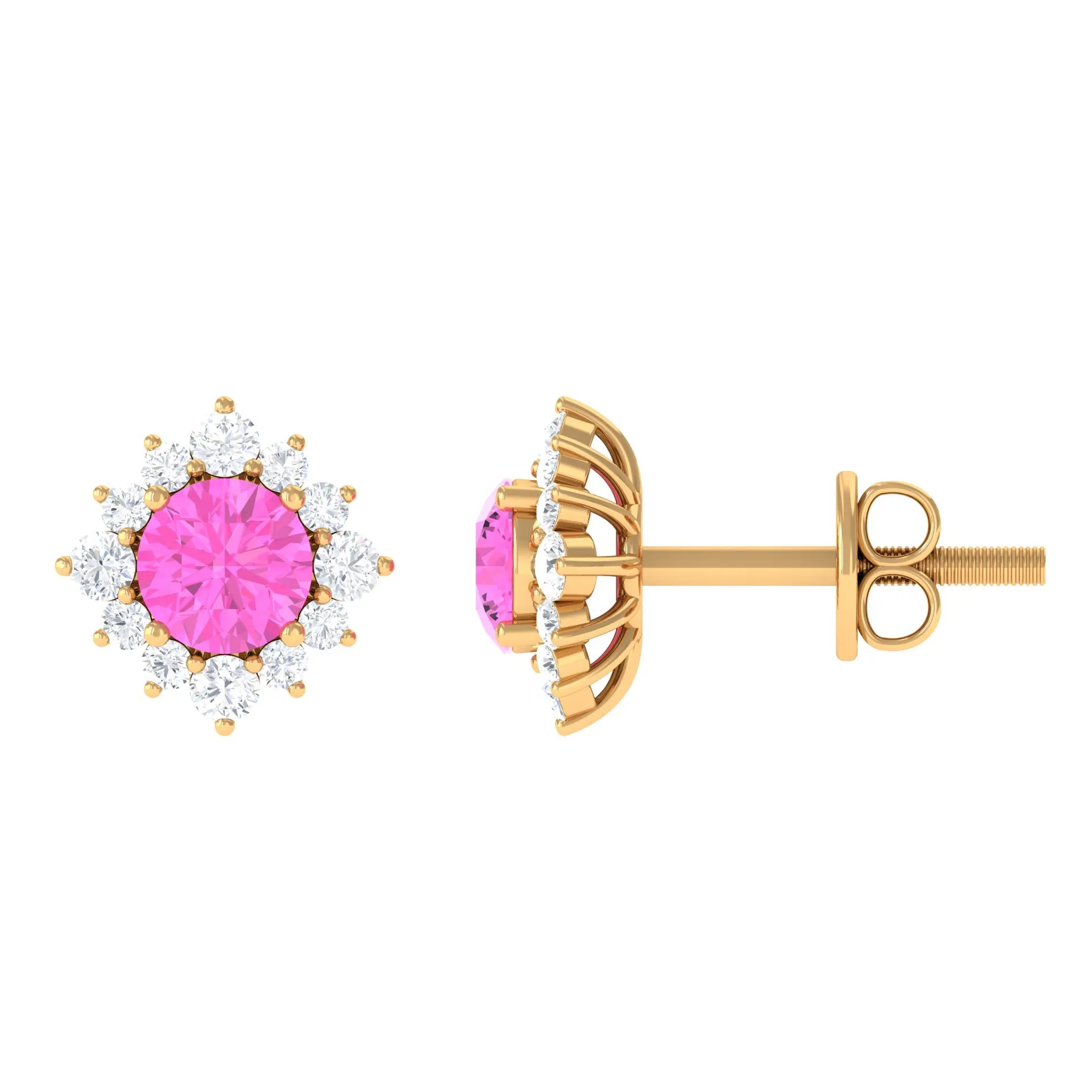 1 CT Pink Sapphire Classic Stud Earrings with Diamond Halo