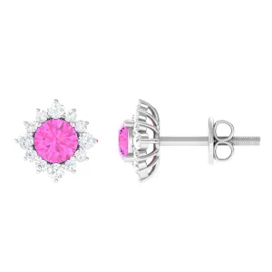 1 CT Pink Sapphire Classic Stud Earrings with Diamond Halo