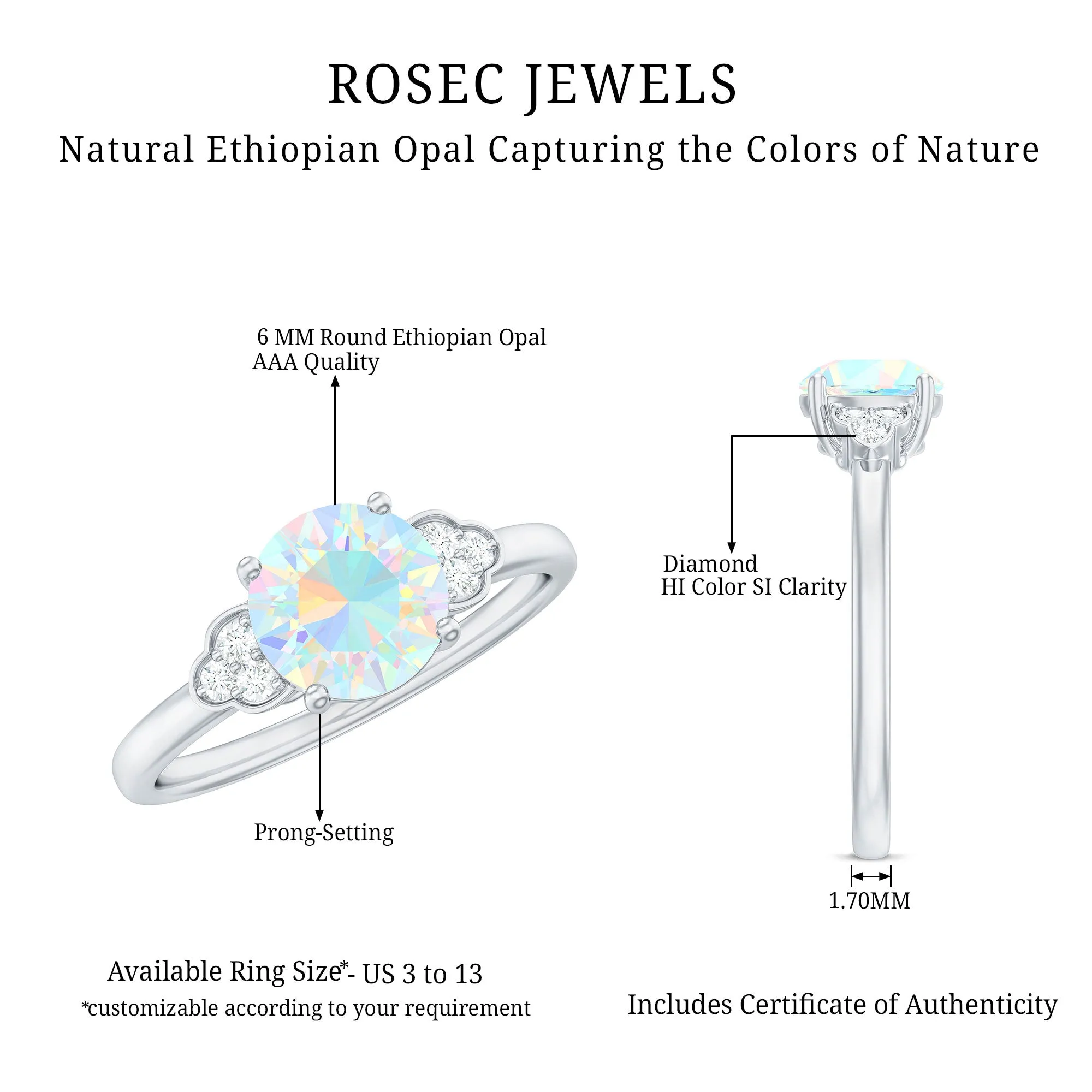 1 CT Round Ethiopian Opal Solitaire Ring with Diamond Trio