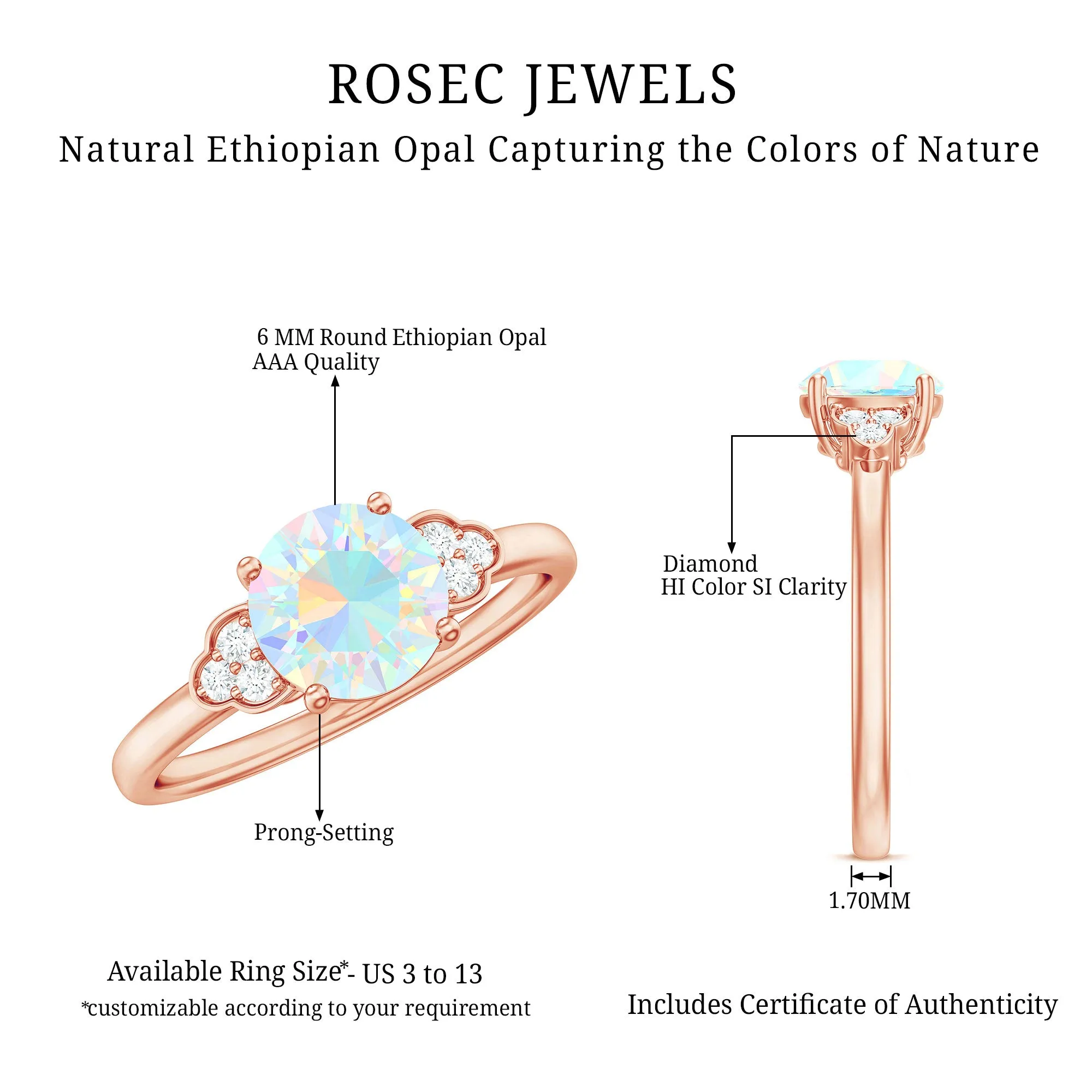 1 CT Round Ethiopian Opal Solitaire Ring with Diamond Trio