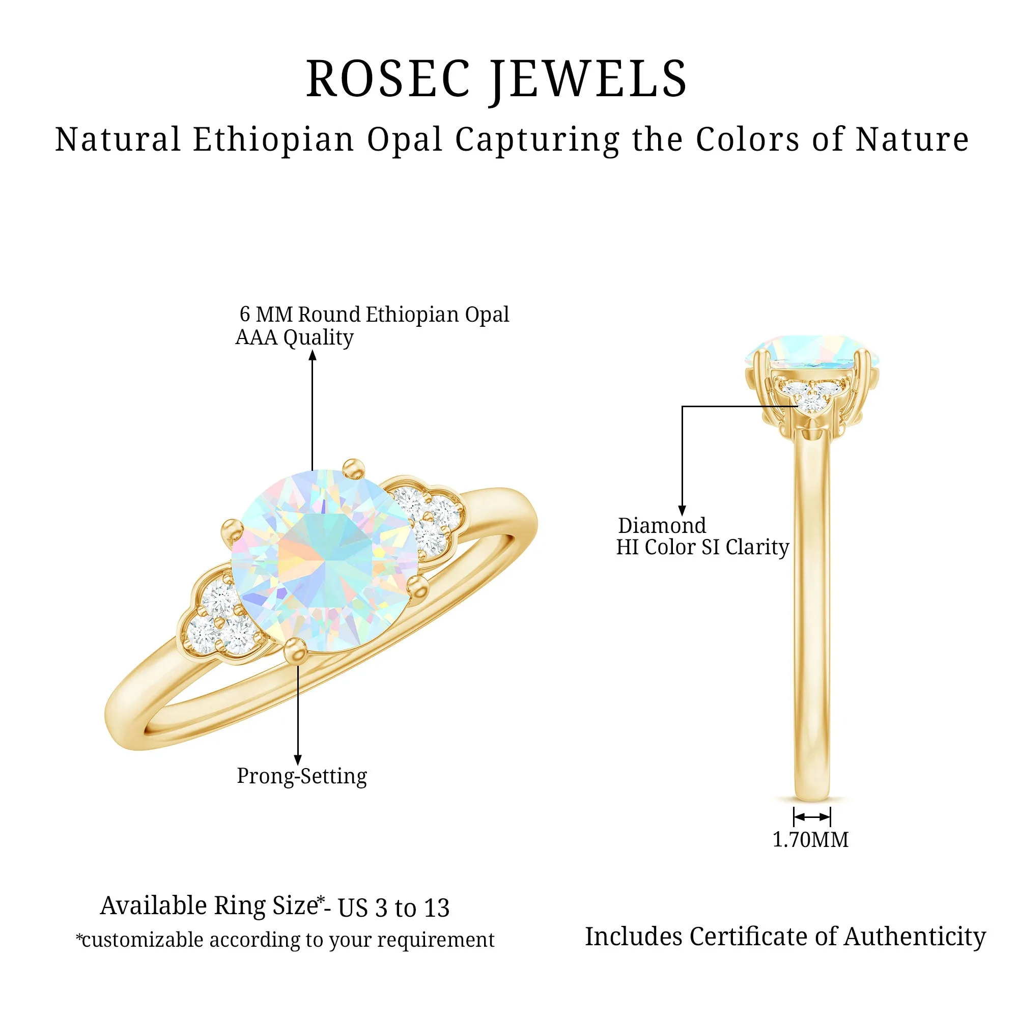 1 CT Round Ethiopian Opal Solitaire Ring with Diamond Trio