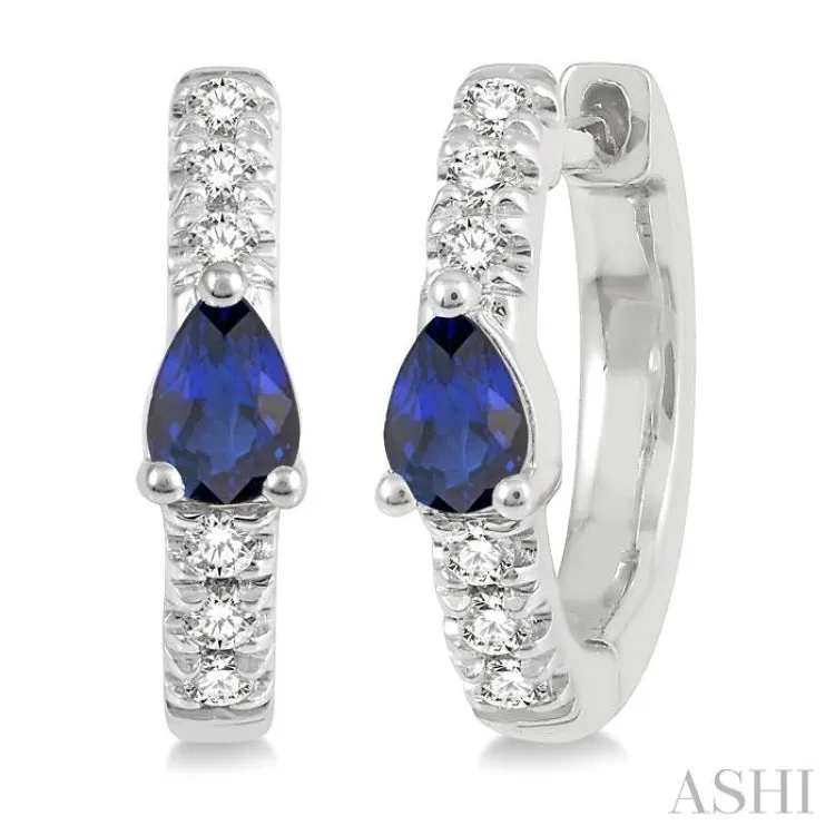 1/10 Ctw 4X3MM Pear Cut Sapphire and Round Cut Diamond Huggie Earrings in 10K White Gold