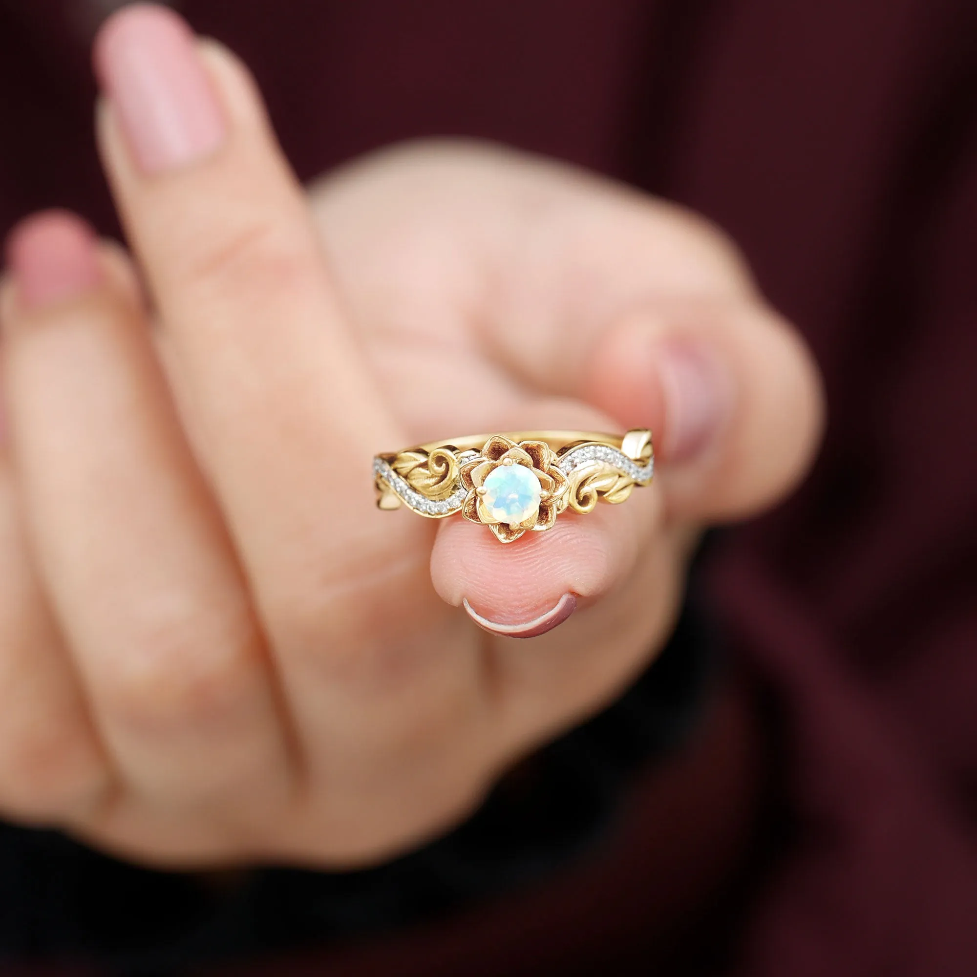 1/2 CT Floral Inspired Ethiopian Opal and Diamond Engagement Ring