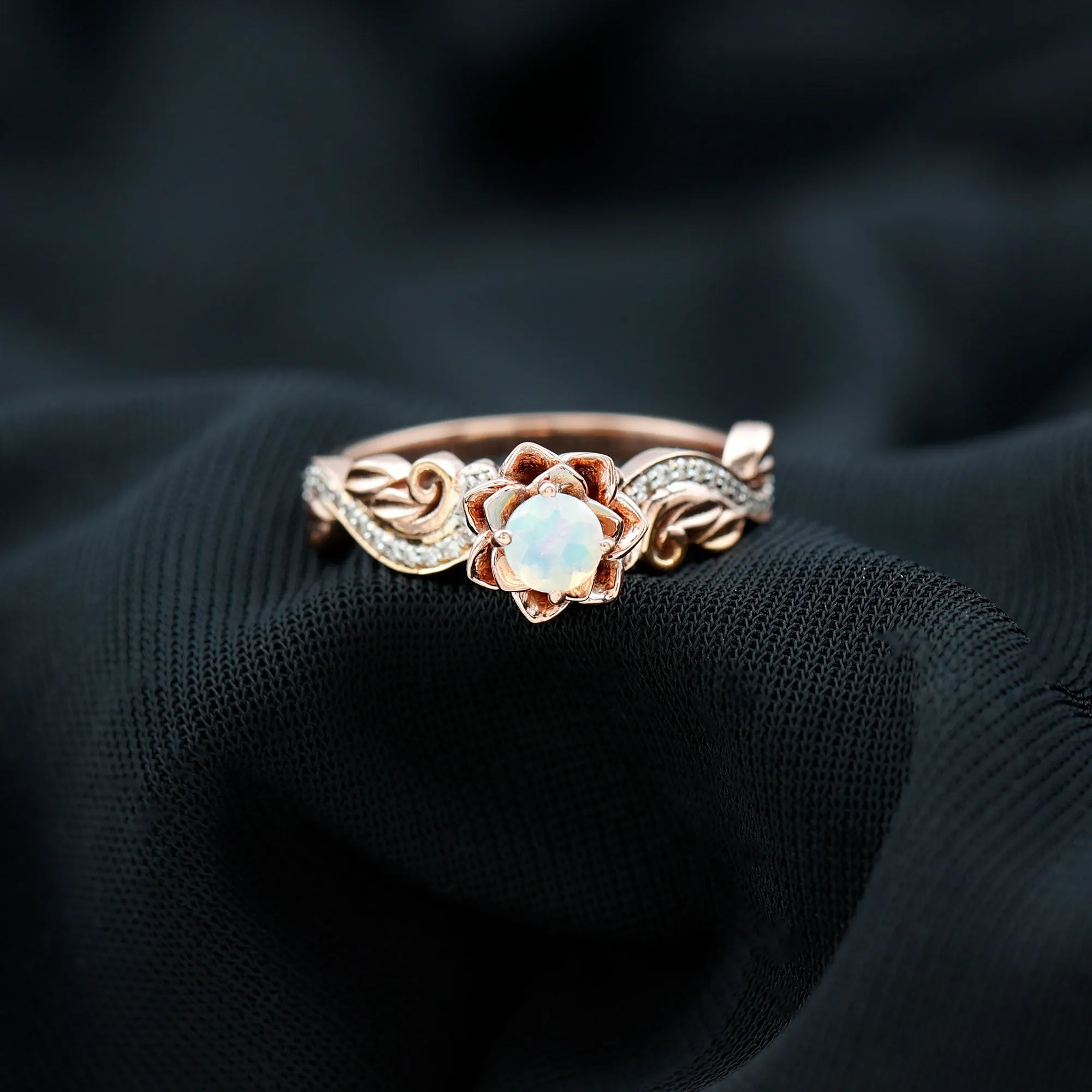 1/2 CT Floral Inspired Ethiopian Opal and Diamond Engagement Ring