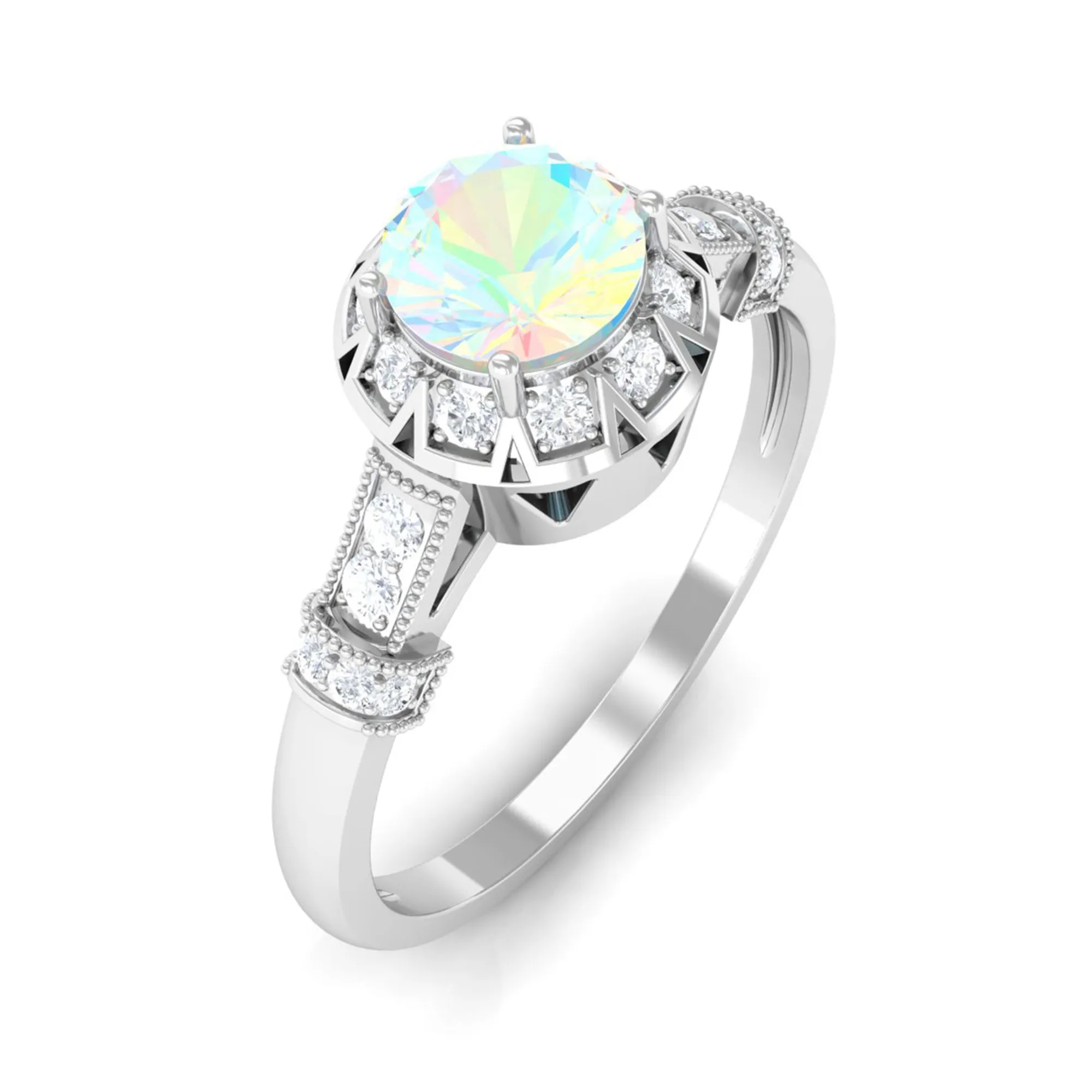 1/2 CT Round Shape Ethiopian Opal and Diamond Accent Vintage Engagement Ring