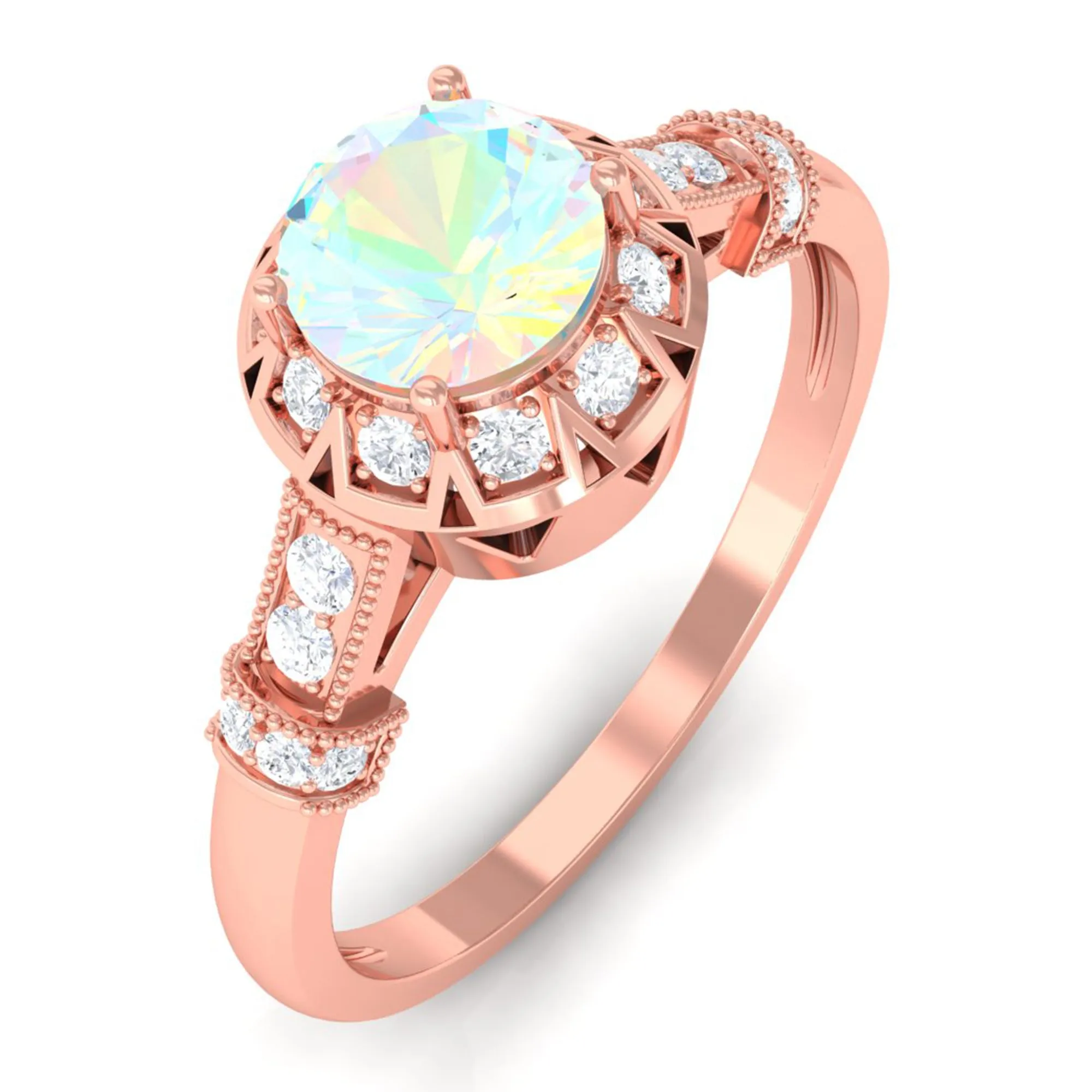 1/2 CT Round Shape Ethiopian Opal and Diamond Accent Vintage Engagement Ring