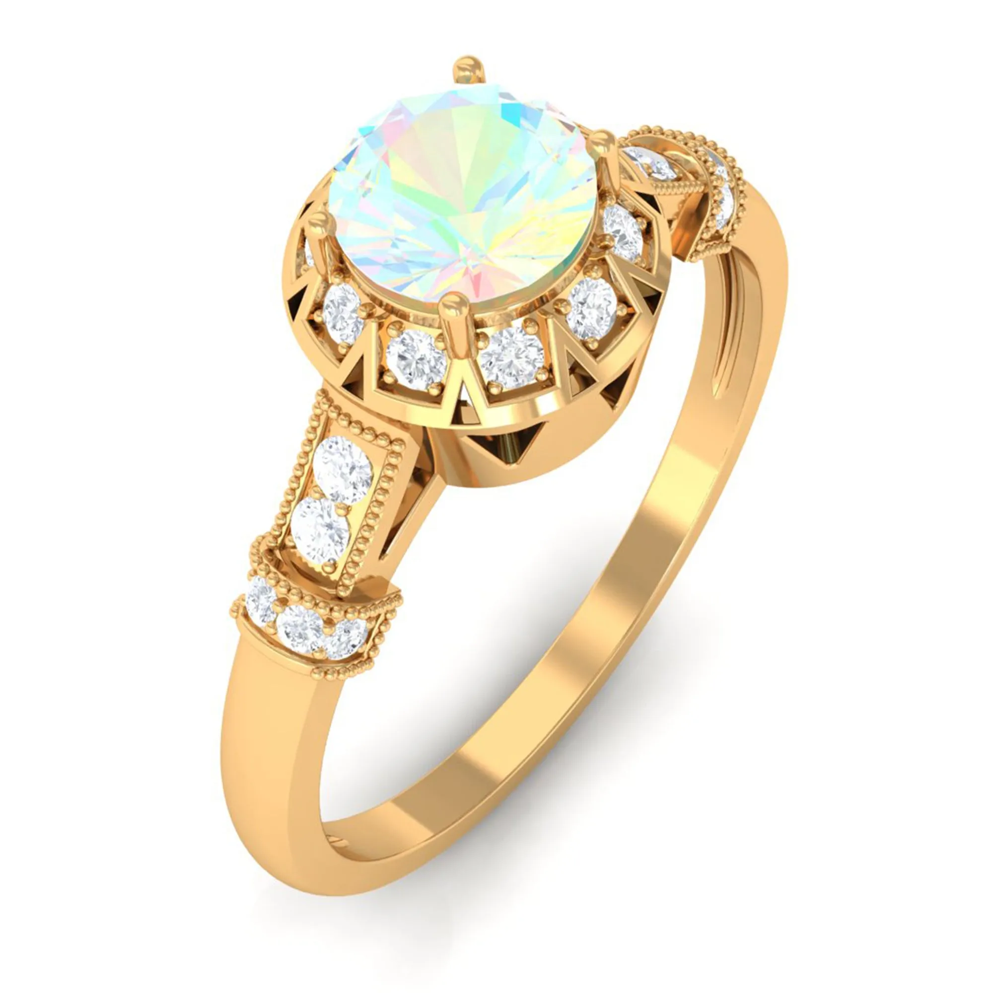 1/2 CT Round Shape Ethiopian Opal and Diamond Accent Vintage Engagement Ring