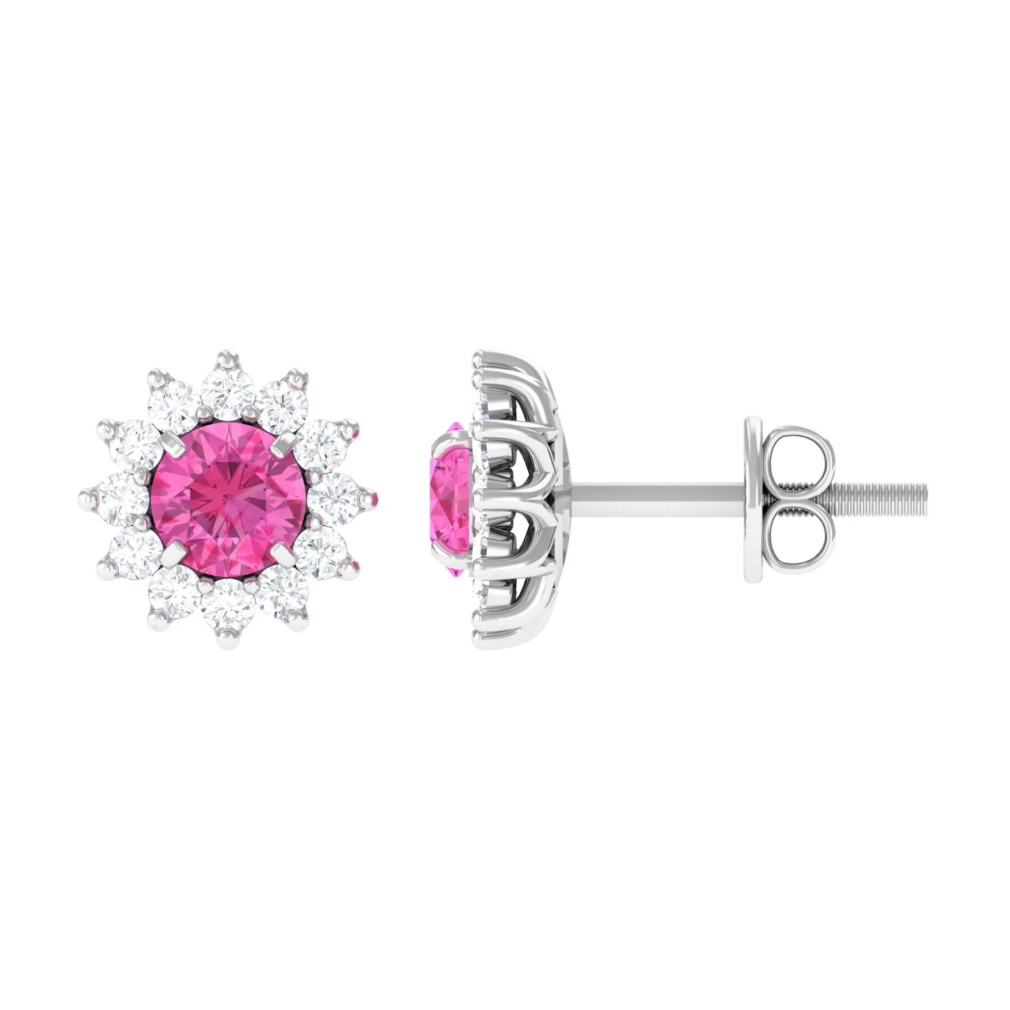 1.25 CT Pink Sapphire Flower Stud Earrings with Diamond Halo