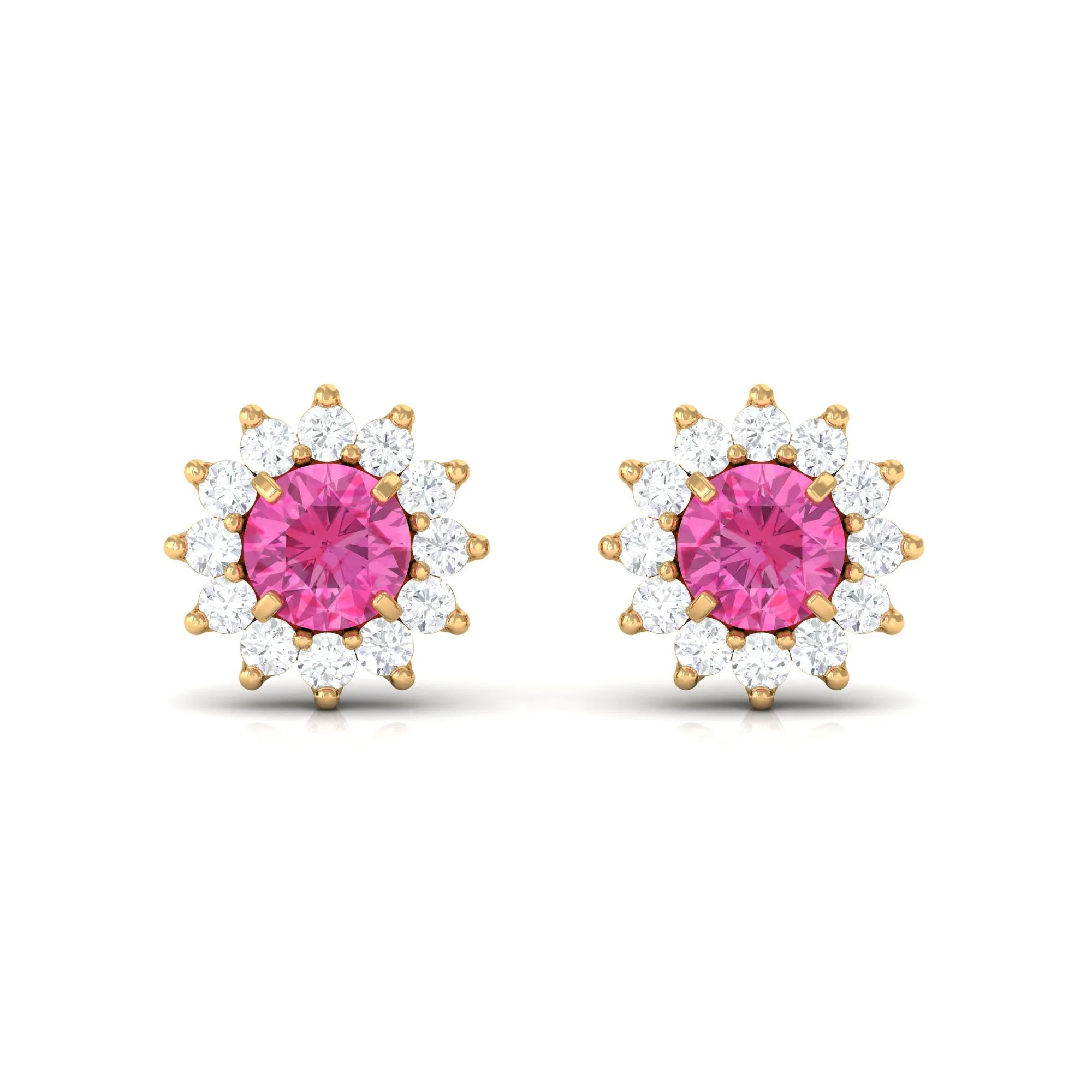 1.25 CT Pink Sapphire Flower Stud Earrings with Diamond Halo