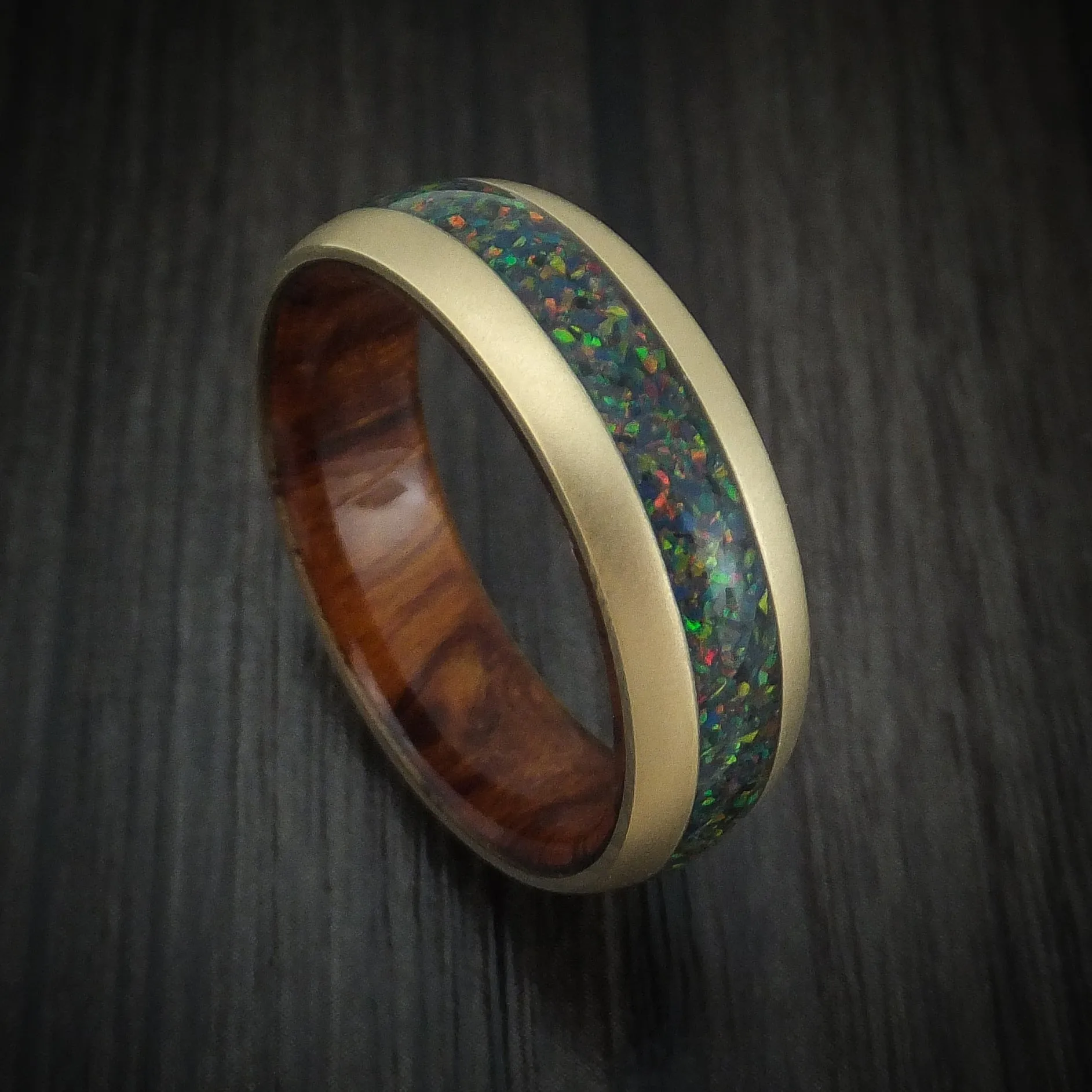 14K Gold and Opal Men's Ring with Wood Sleeve Custom Made Band