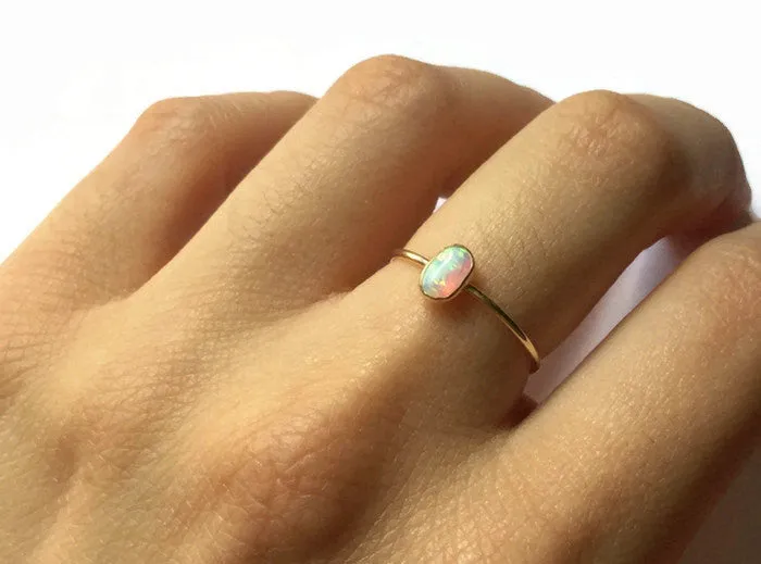 14k gold filled oval opal ring • White opal ring created • Yellow gold stacking ring with gemstone