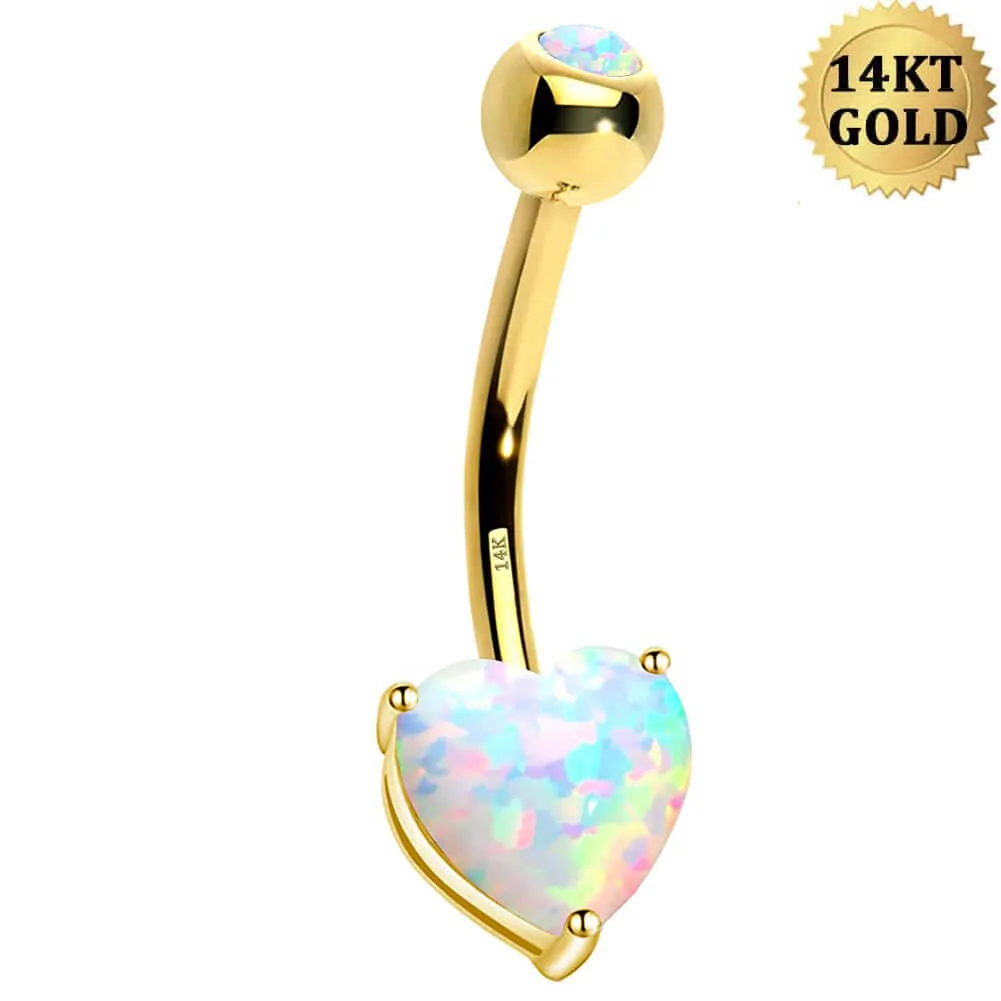 14K Gold Heart Opal Belly Button Ring 14G Navel Ring