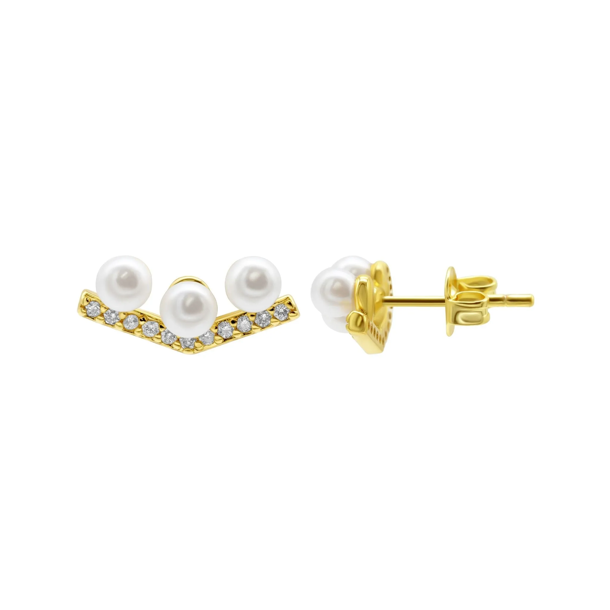 14K Gold Plated Crystal Pearl Bar V-Earrings