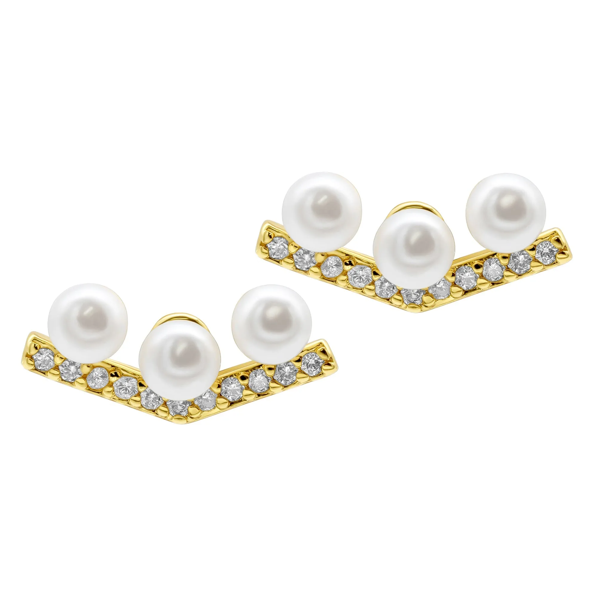 14K Gold Plated Crystal Pearl Bar V-Earrings