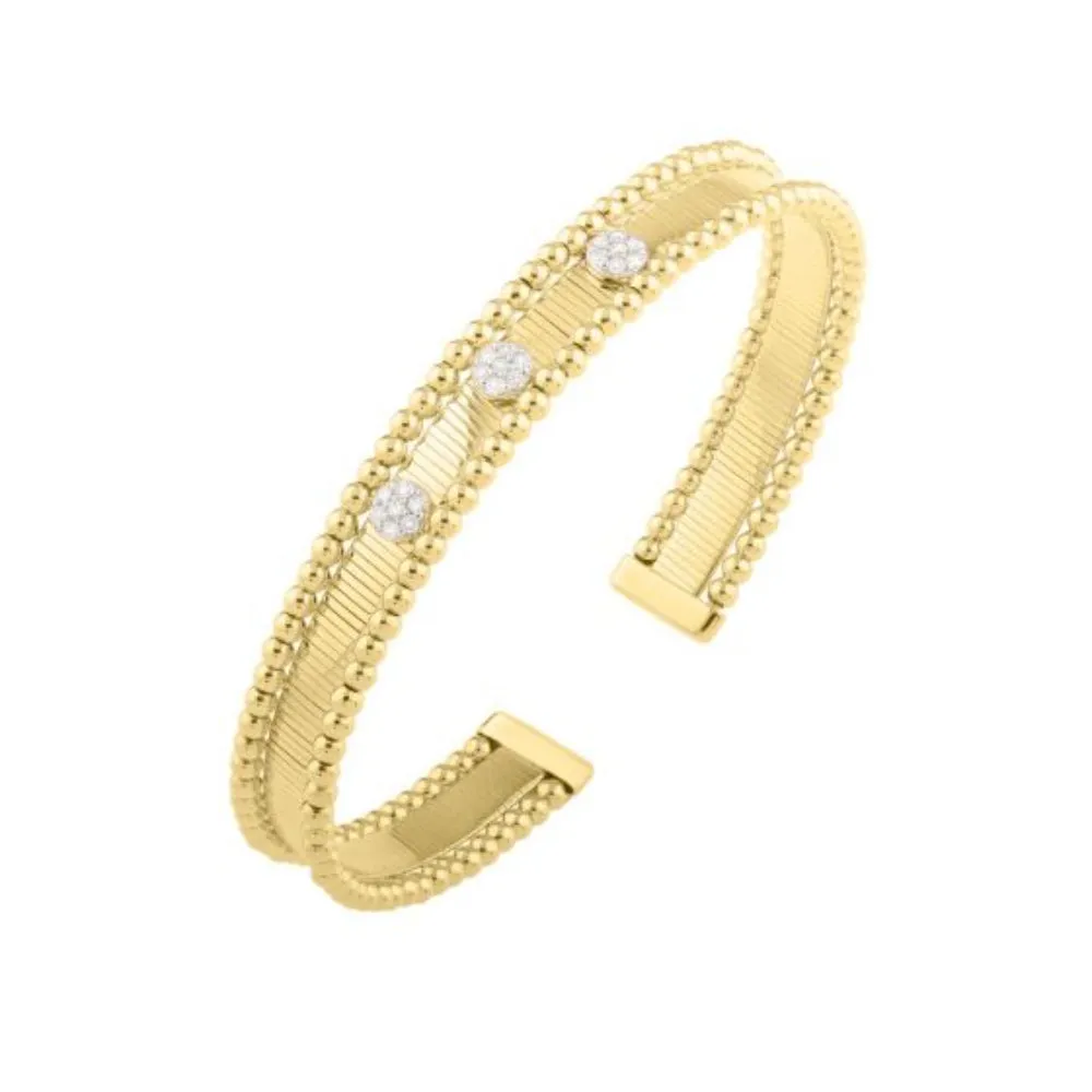 14k Gold Textured Cuff Bangle with Diamonds