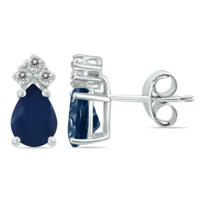 14K White Gold 6X4Mm Pear Sapphire And Three Stone Diamond Earrings