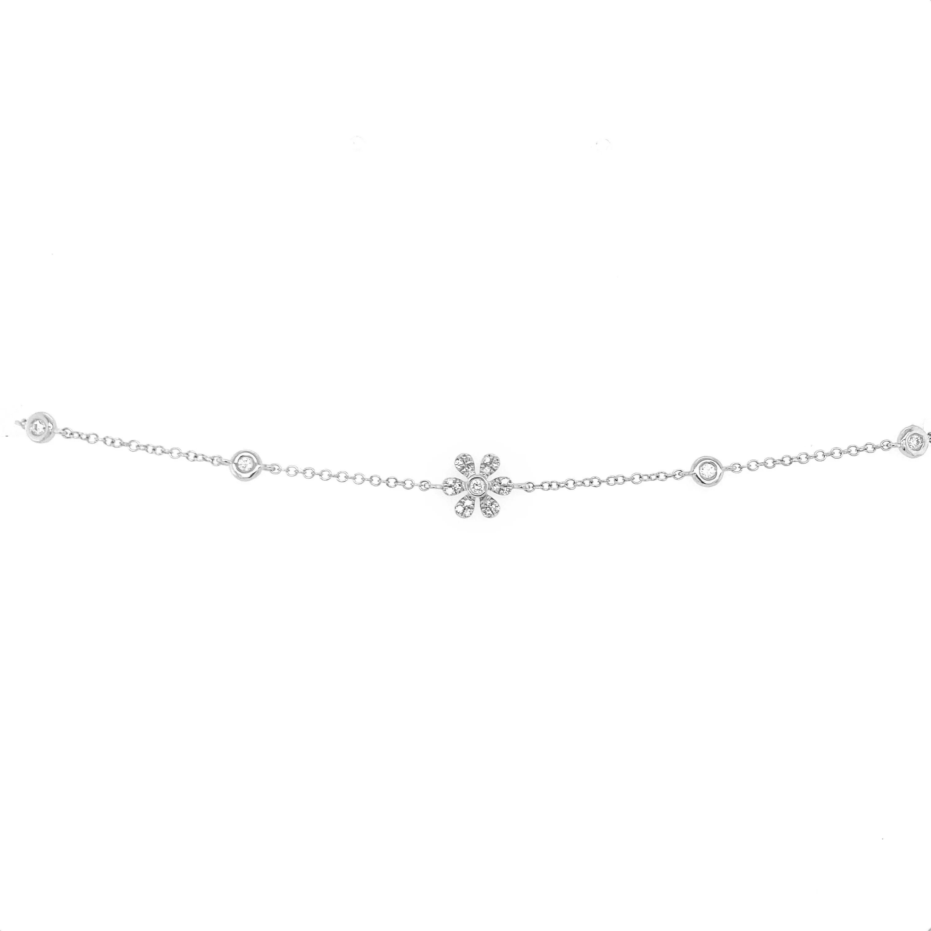 14K White Gold Diamond Flower & Bezel Bracelet