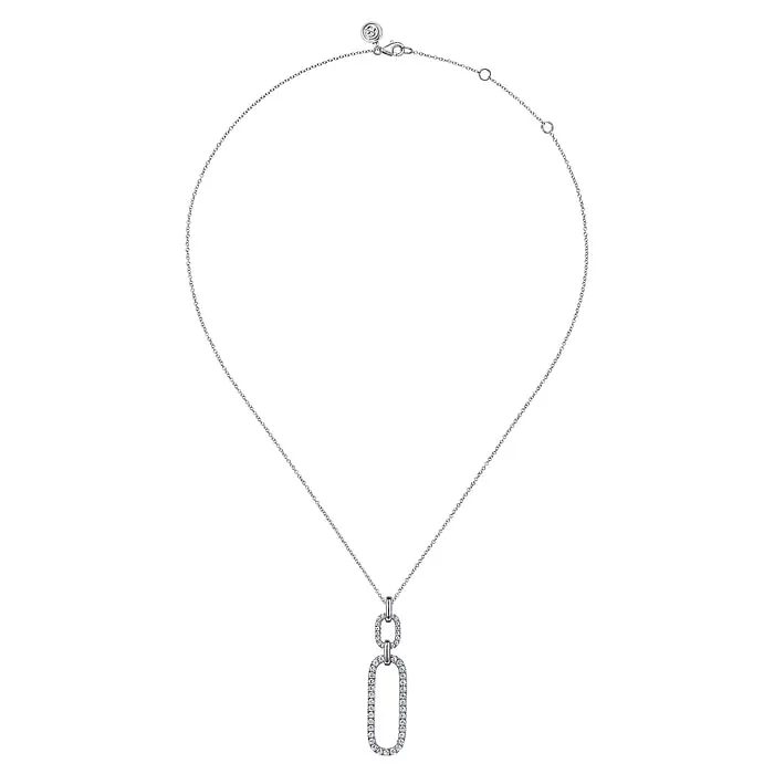 14K White Gold Diamond Link Chain Drop Pendant Necklace