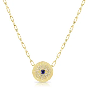 14K Yellow Gold Diamond   Blue Sapphire Evil Eye Necklace