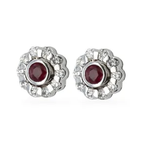 14K Yellow gold rosette red natural sapphire bezel diamonds round it stud’s earrings-ER305