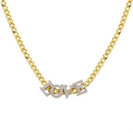 14K Yellow   White Gold Diamond Love Curb Link Choker