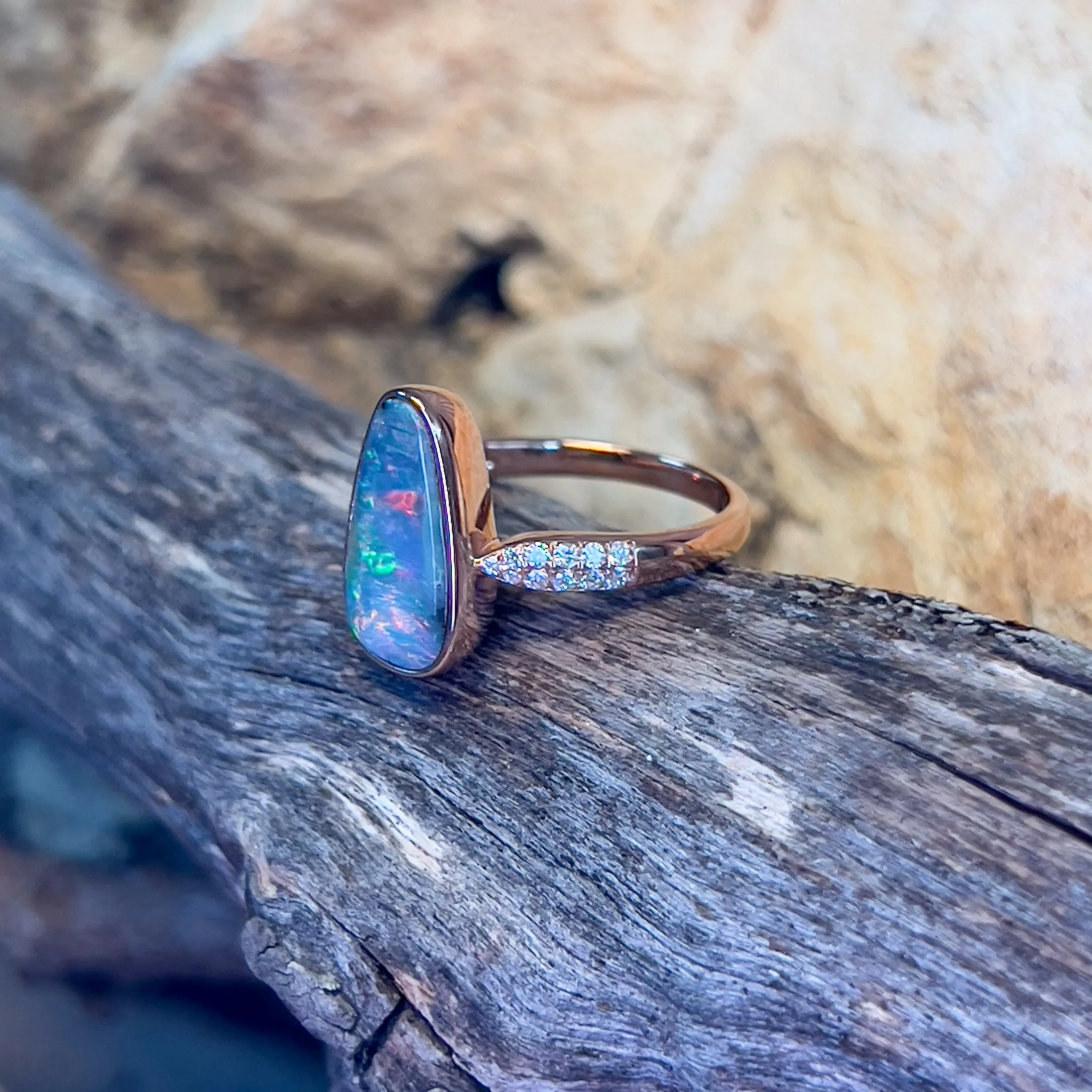 14kt Rose Gold Boulder Opal 1.99ct Diamond ring