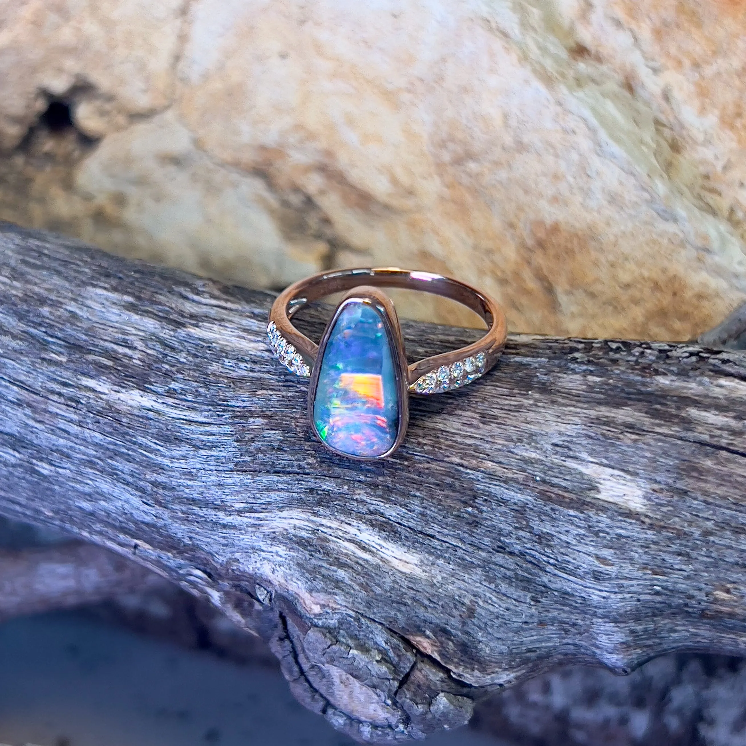 14kt Rose Gold Boulder Opal 1.99ct Diamond ring