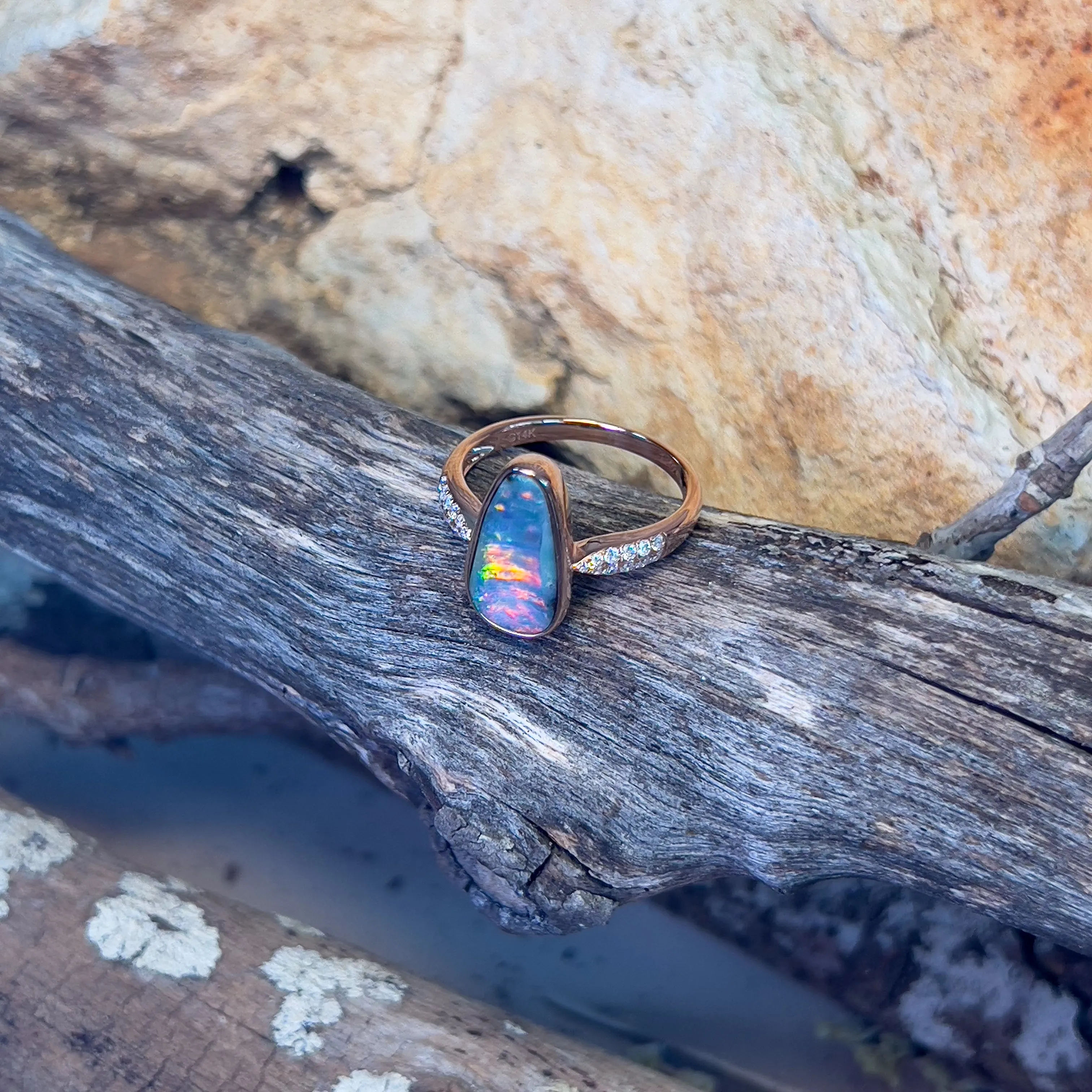 14kt Rose Gold Boulder Opal 1.99ct Diamond ring