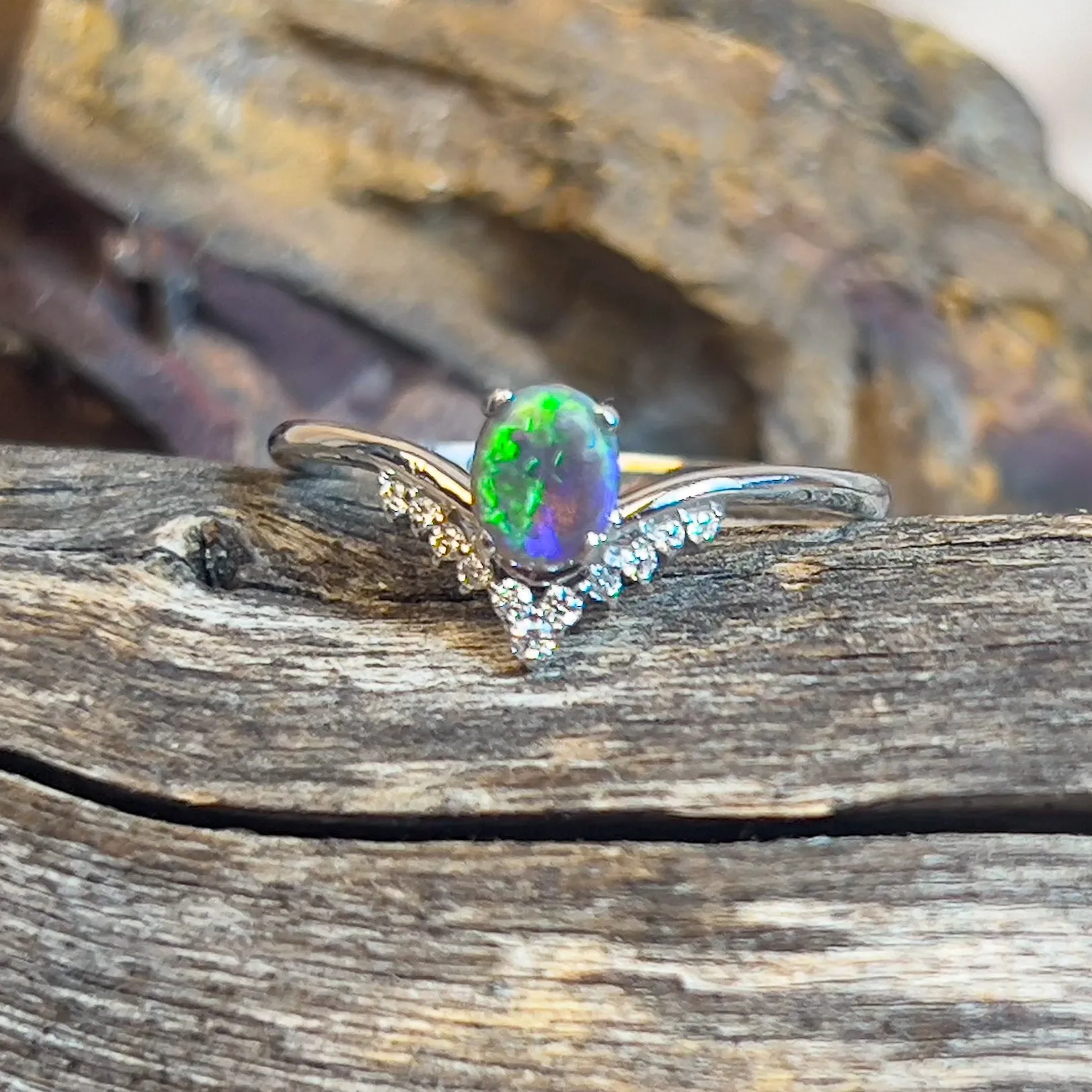 14kt White Gold V-shape Black Opal and diamond ring