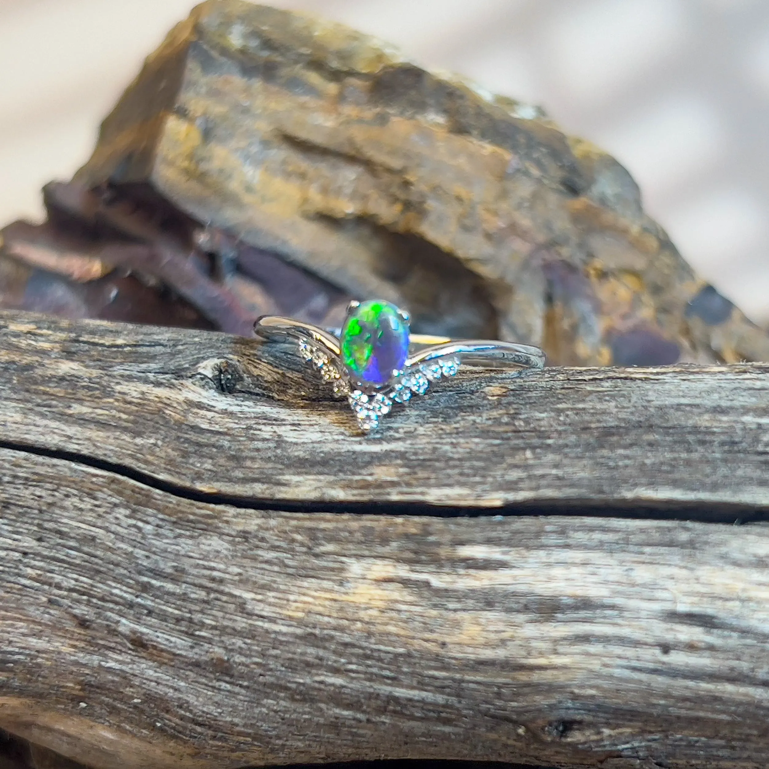 14kt White Gold V-shape Black Opal and diamond ring