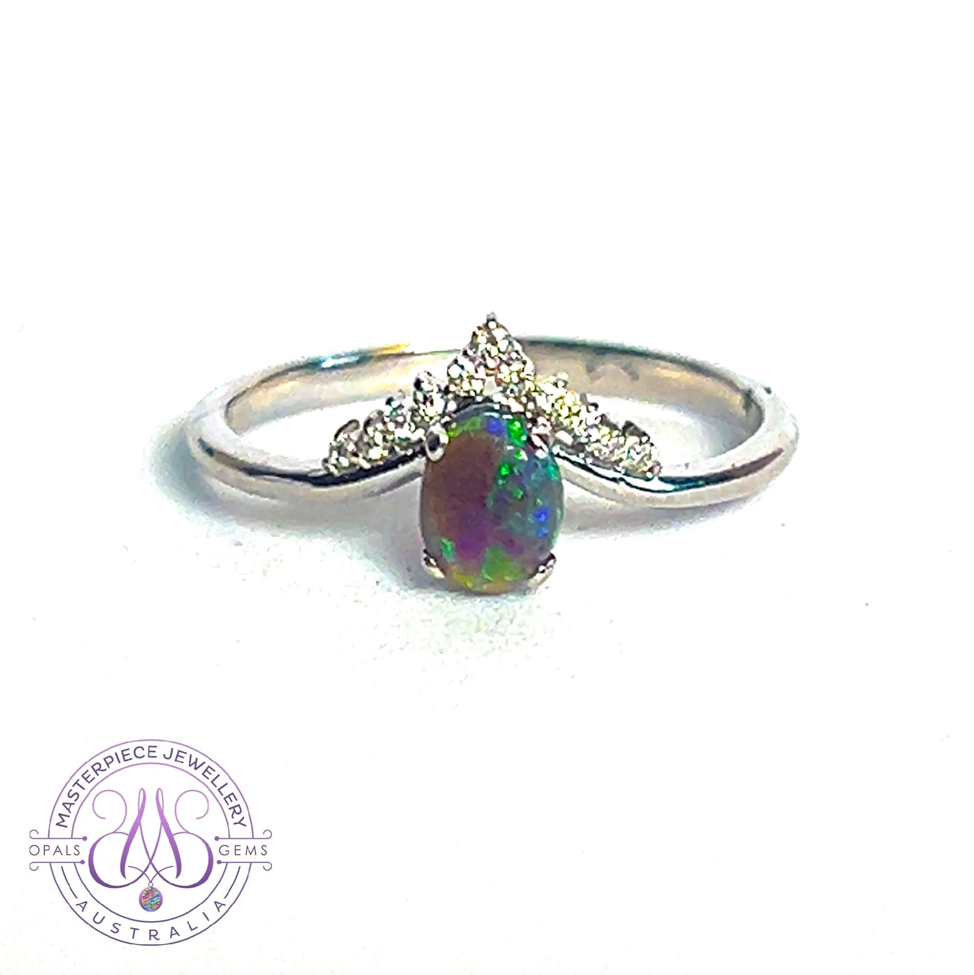 14kt White Gold V-shape Black Opal and diamond ring