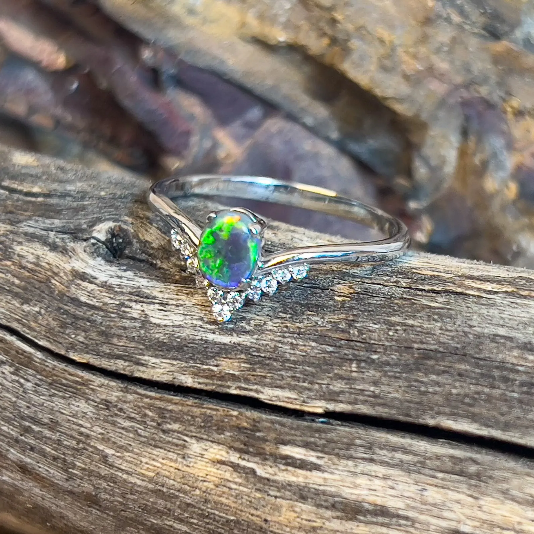 14kt White Gold V-shape Black Opal and diamond ring