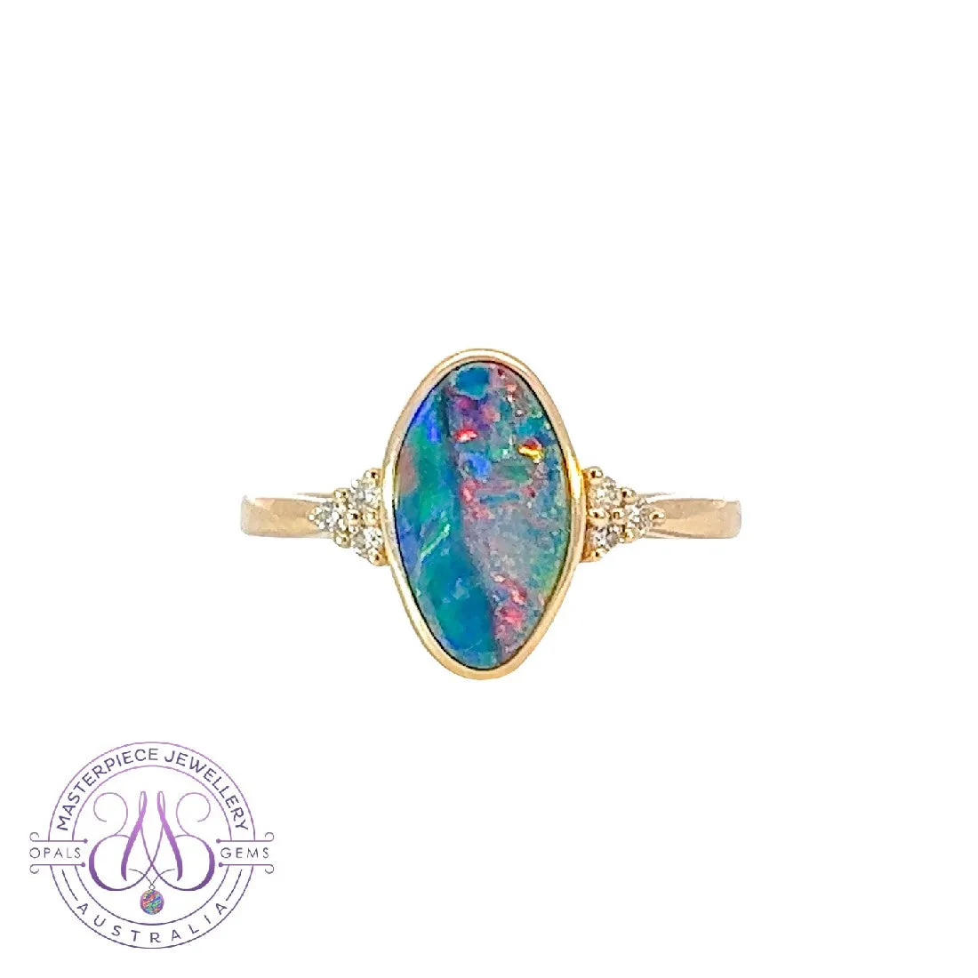 14kt Yellow Gold Oval freeform Red and Green Opal doublet with diamonds ring