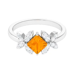 1.50 CT Princess Cut Fire Opal Flower Engagement Ring with Diamond