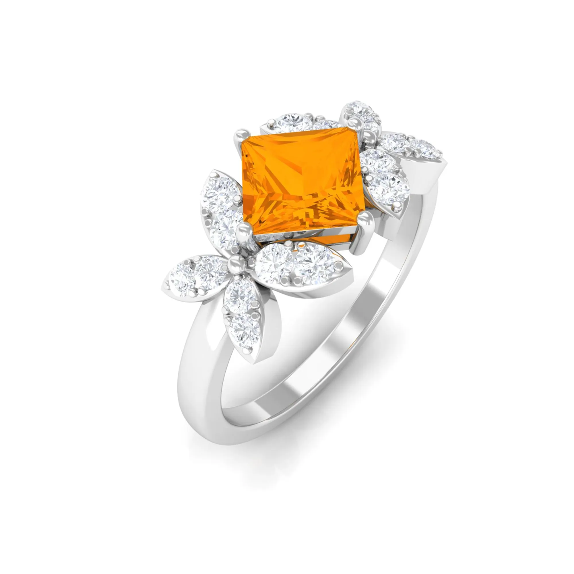 1.50 CT Princess Cut Fire Opal Flower Engagement Ring with Diamond