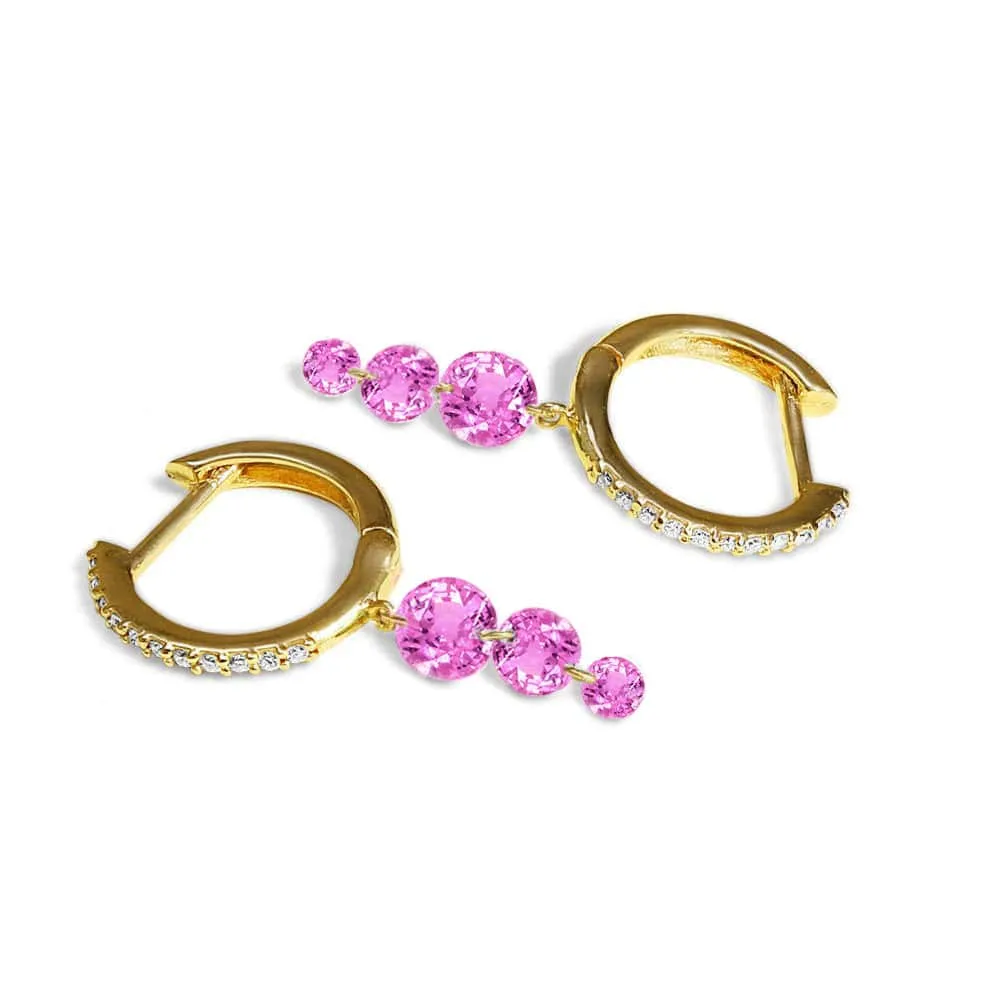 18K Gold Drilled Triple Pink Sapphire Huggie Hoops Earrings