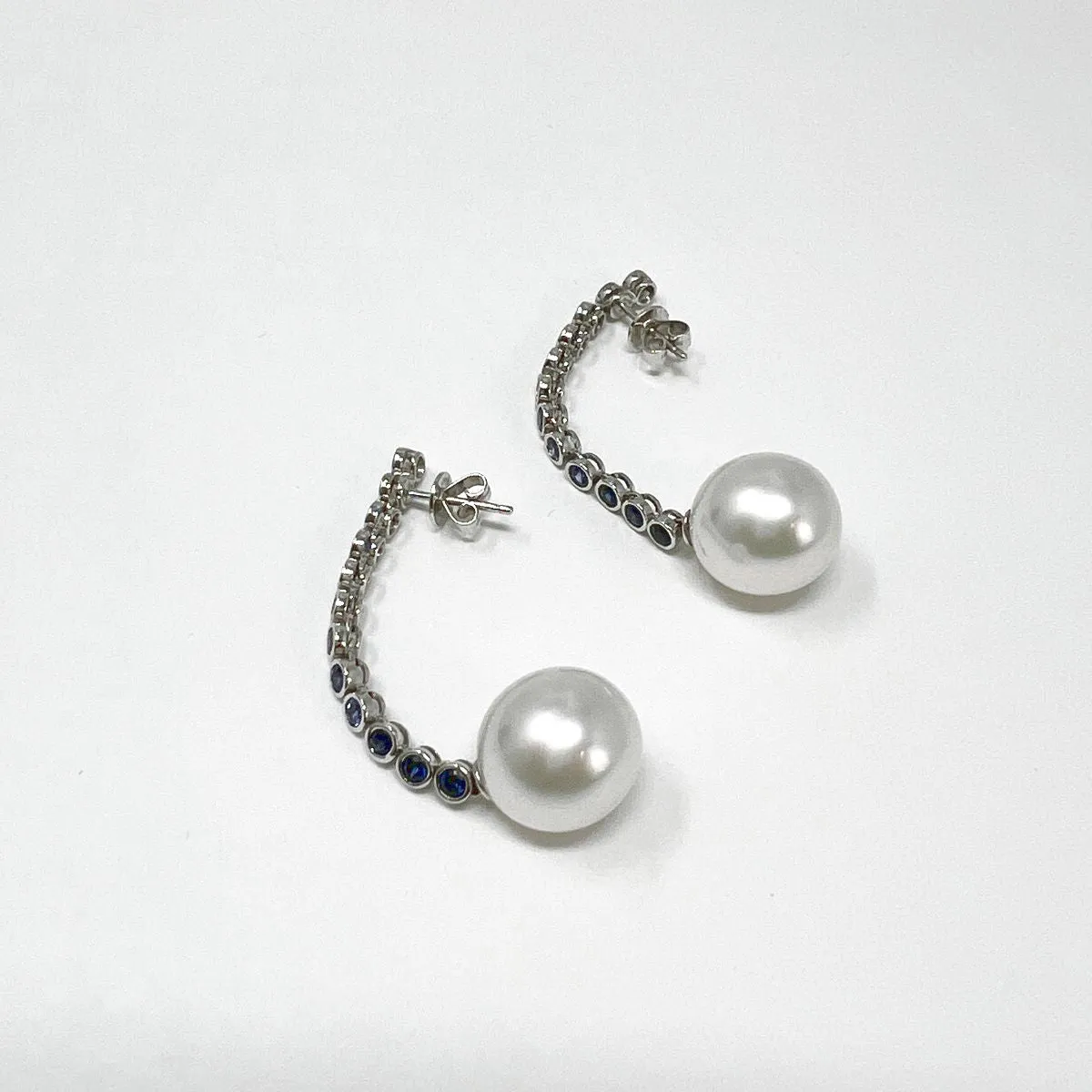 18K White Gold Drop Earrings with Sapphire and South Sea Pearl