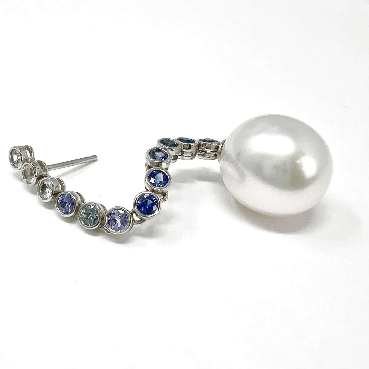 18K White Gold Drop Earrings with Sapphire and South Sea Pearl