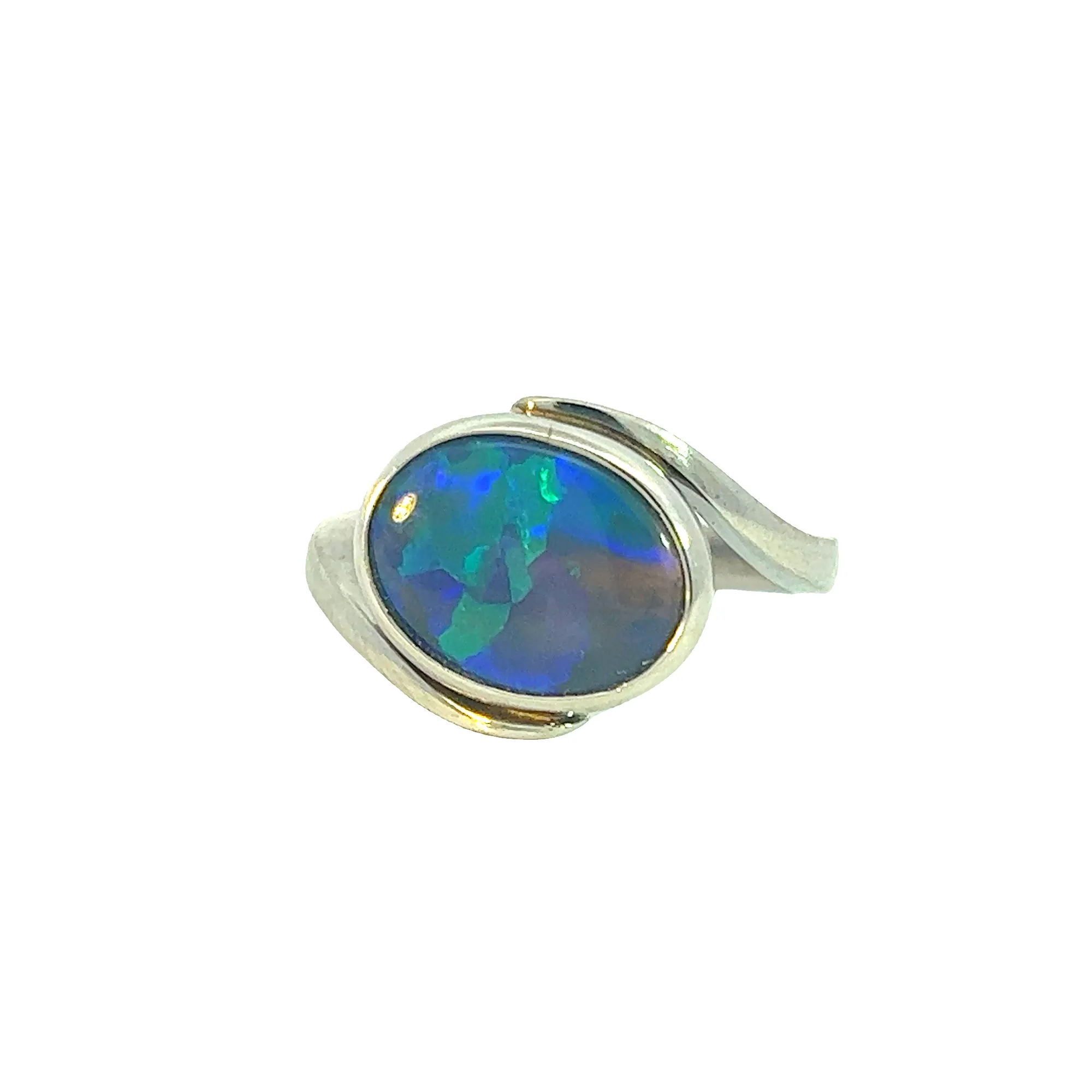 18kt White Gold cross over Black Opal 1.5ct Blue Green solitaire ring