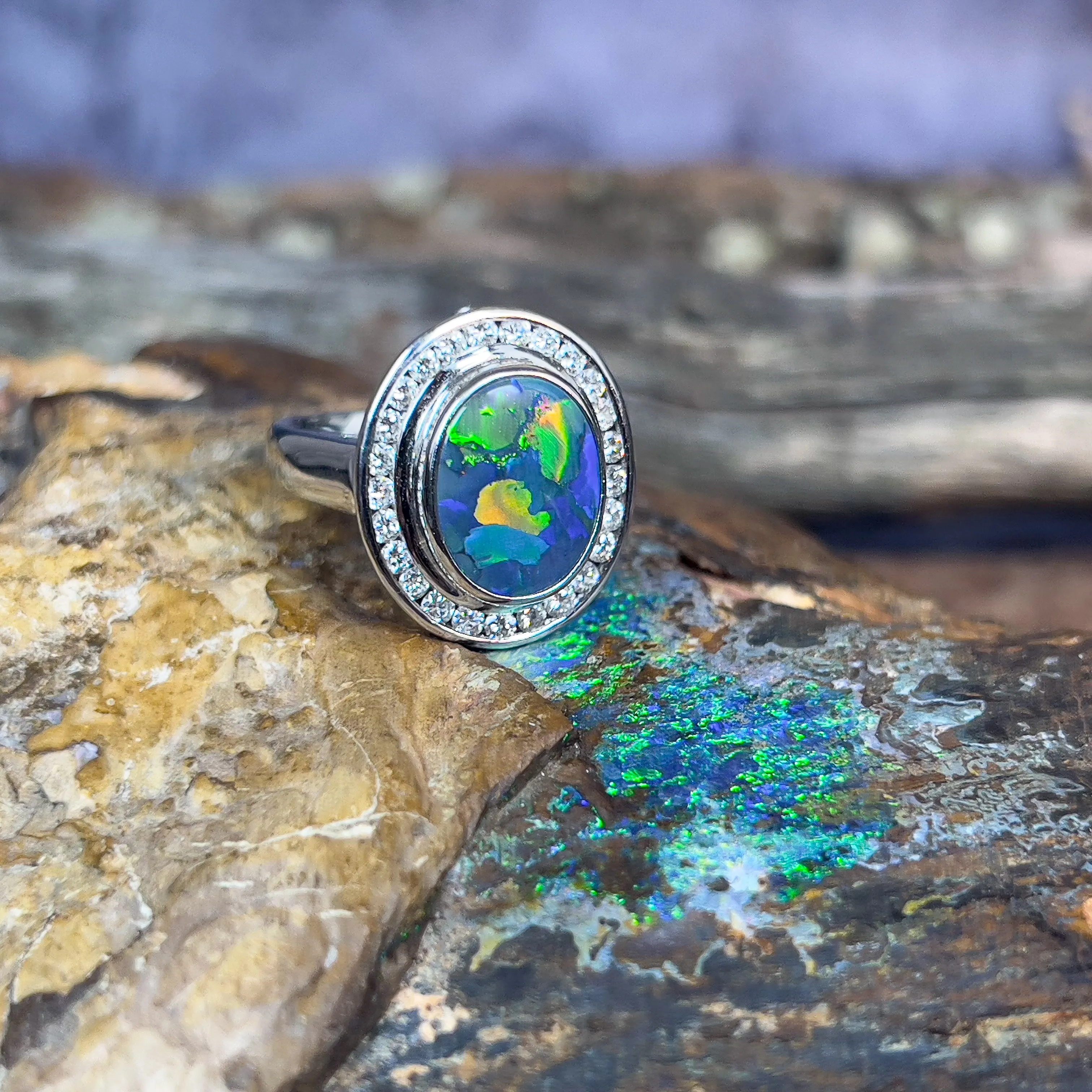 18kt White Gold multi piece Black Opal diamond ring, pendant and brooch piece