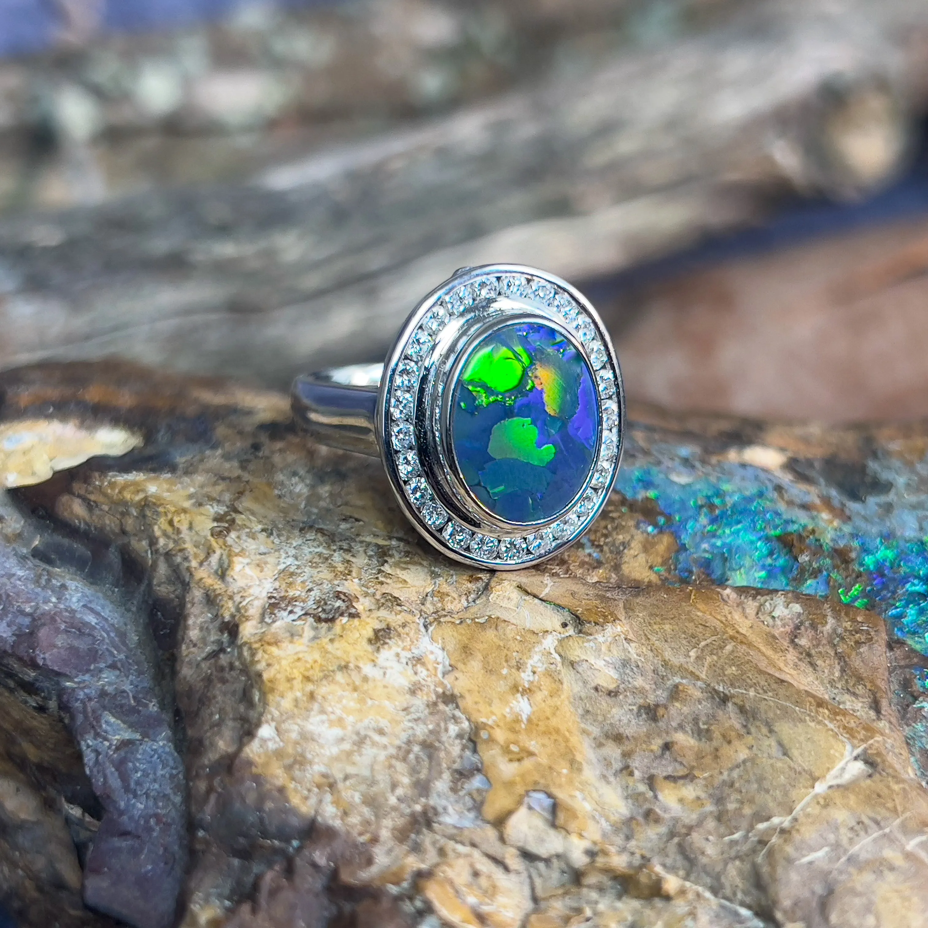 18kt White Gold multi piece Black Opal diamond ring, pendant and brooch piece