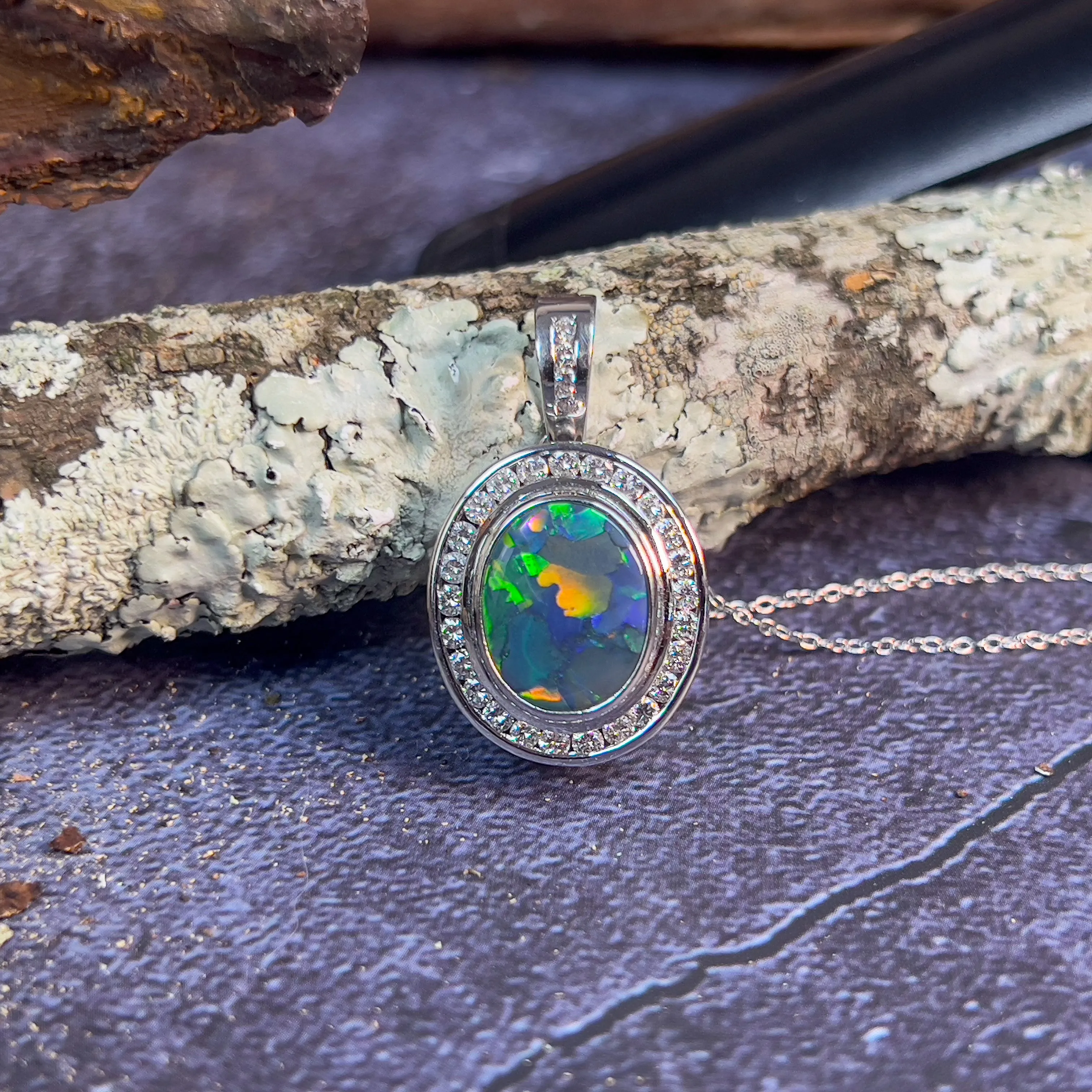 18kt White Gold multi piece Black Opal diamond ring, pendant and brooch piece