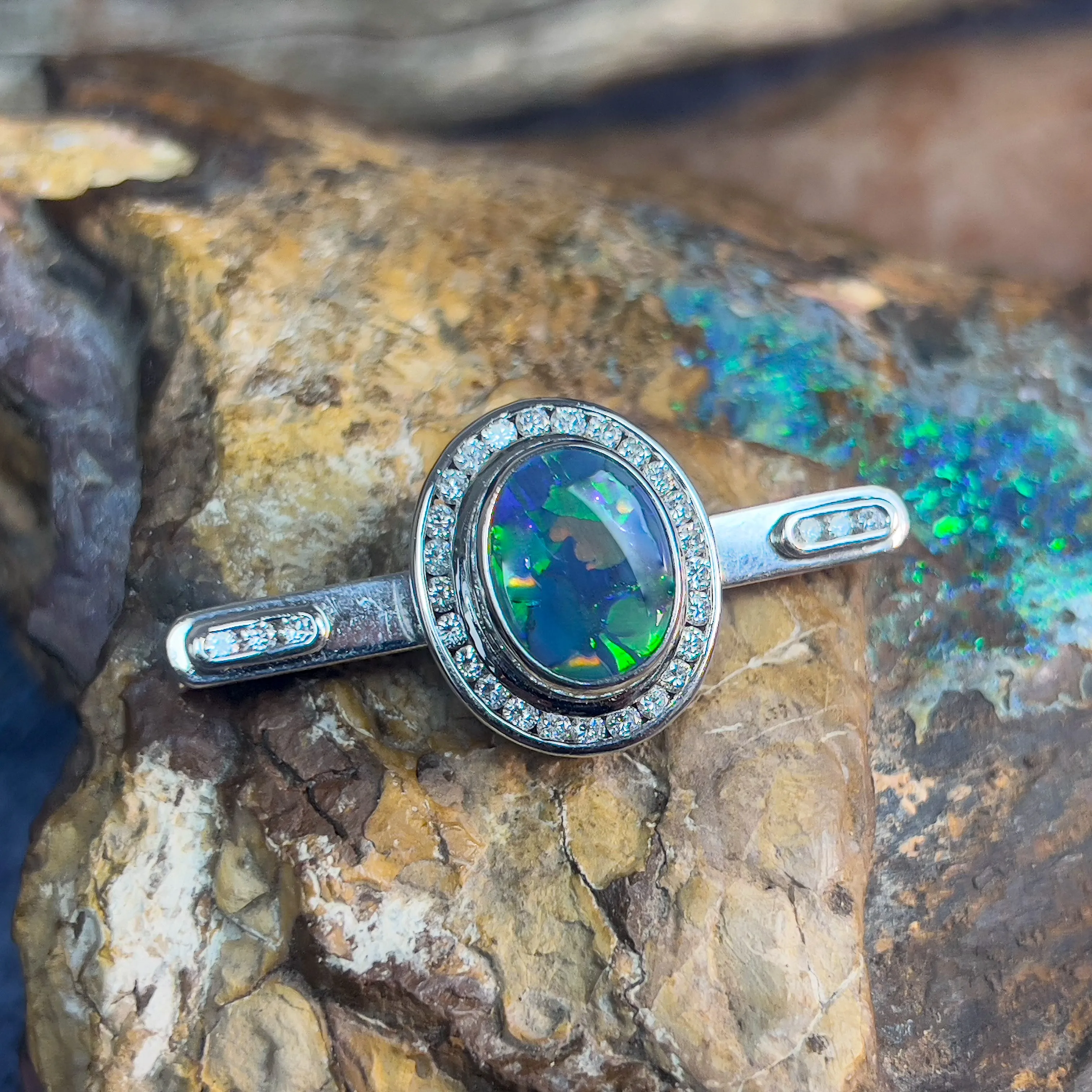 18kt White Gold multi piece Black Opal diamond ring, pendant and brooch piece